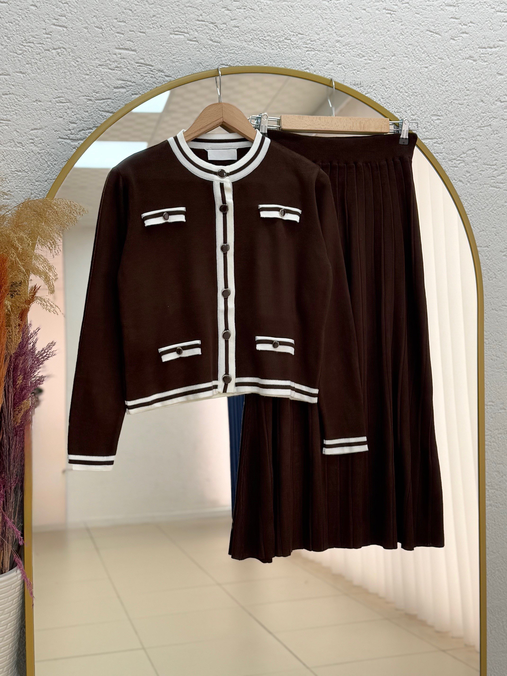 Capita 4 Cep Detaylı Çizgili Eteği Piliseli Takım-KR5001 Kahve