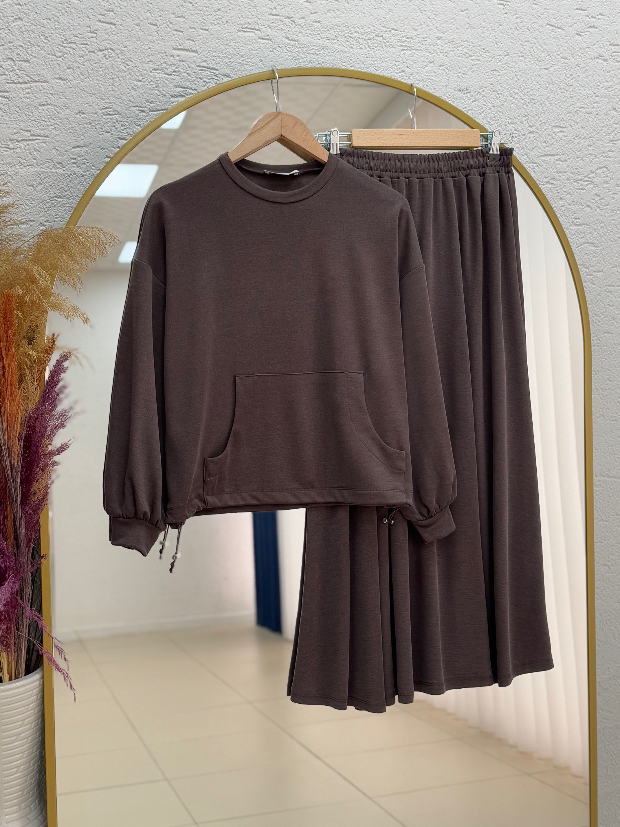 Dariana Kangru Cepli Tuniği Sıkmalı Etekli Takım-NL678 Kahve