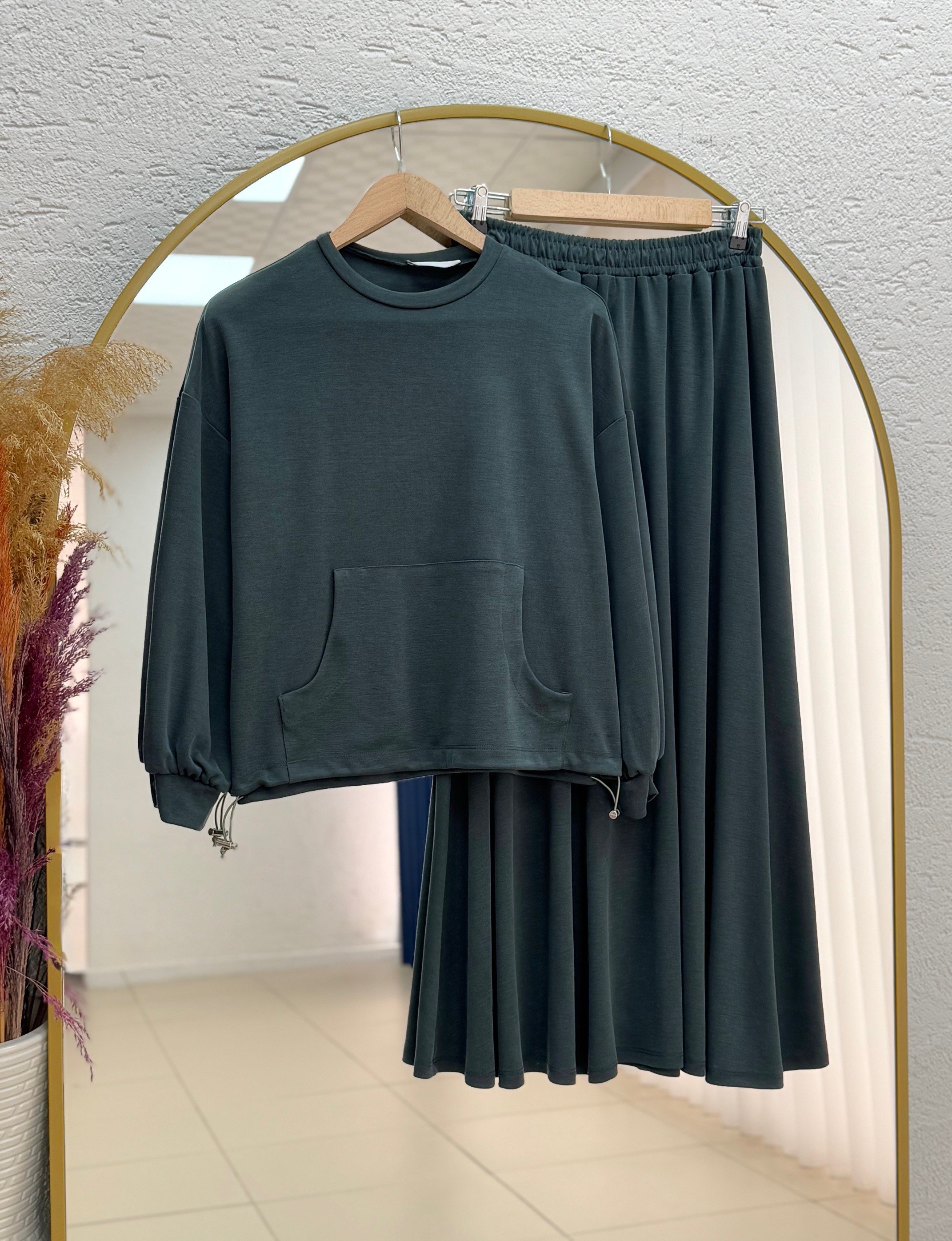 Dariana Kangru Cepli Tuniği Sıkmalı Etekli Takım-NL678 Petrol Yeşili