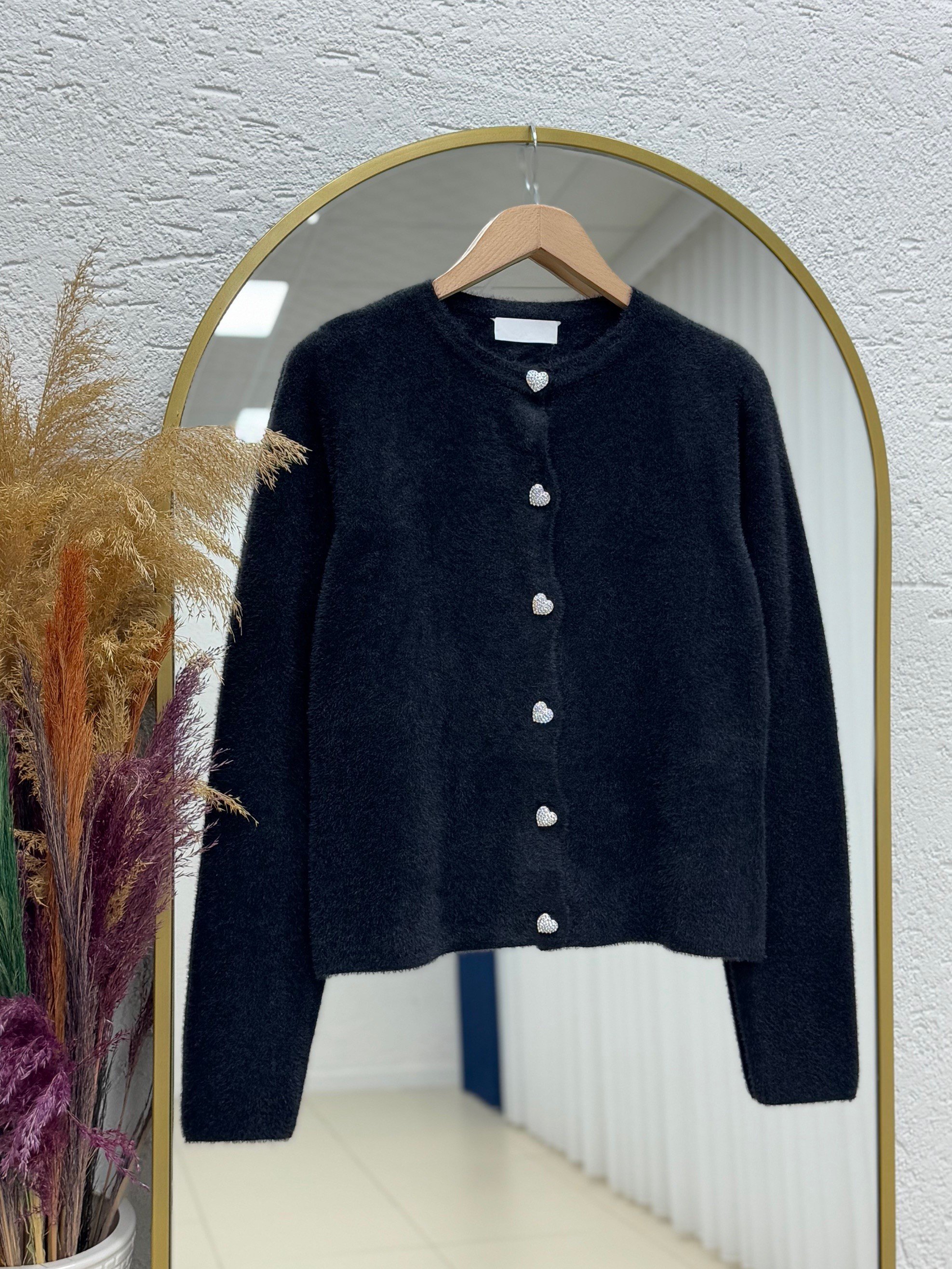 Davuna Kalp Düğmeli Mini Hırka-KR3194 Siyah