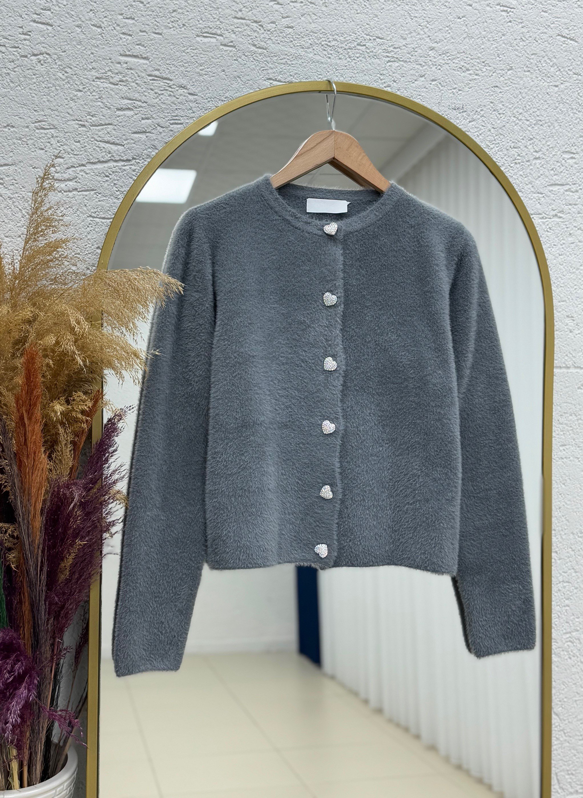 Davuna Kalp Düğmeli Mini Hırka-KR3194 Antrasit