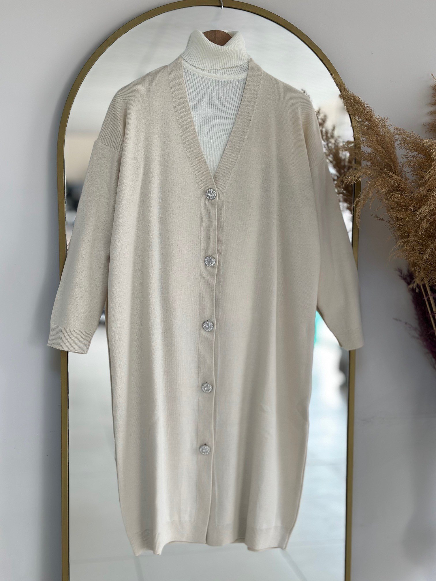 Defne Papatya Düğmeli Uzun Hırka-Zİ6184 Taş