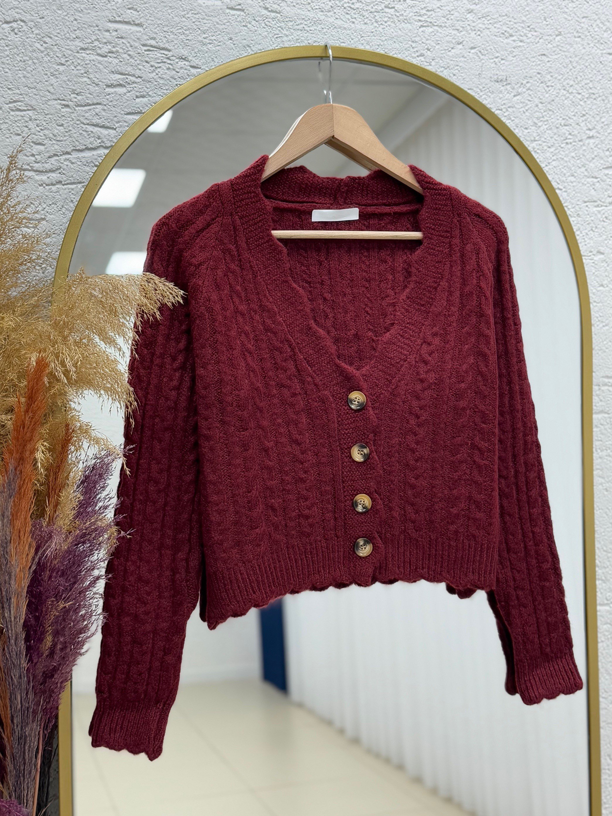 Delera İri Düğmeli Örme Mini Hırka-Zİ7002 Bordo