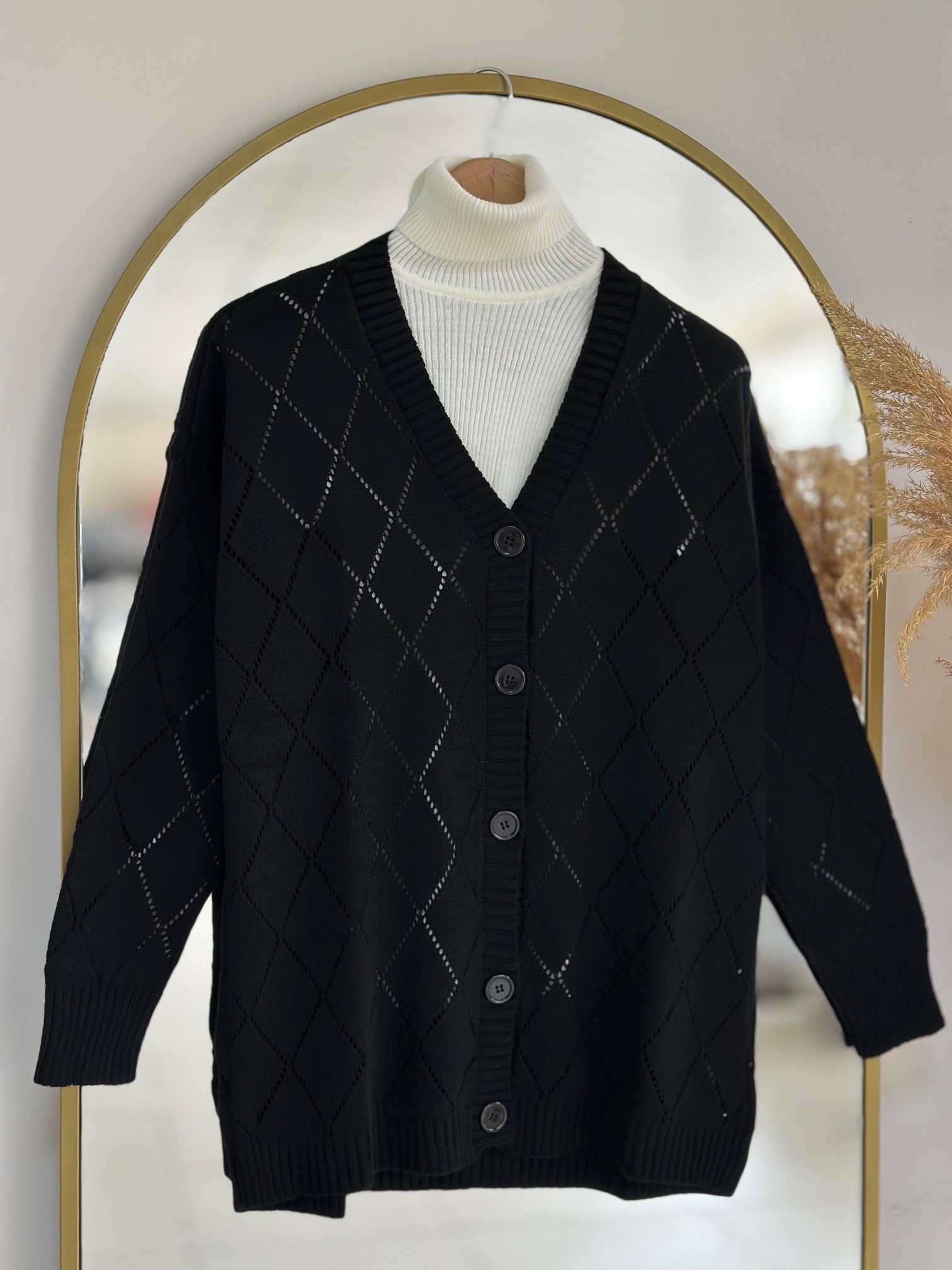 Dila Baklava Desen Delikli Hırka-Zİ6150 Siyah