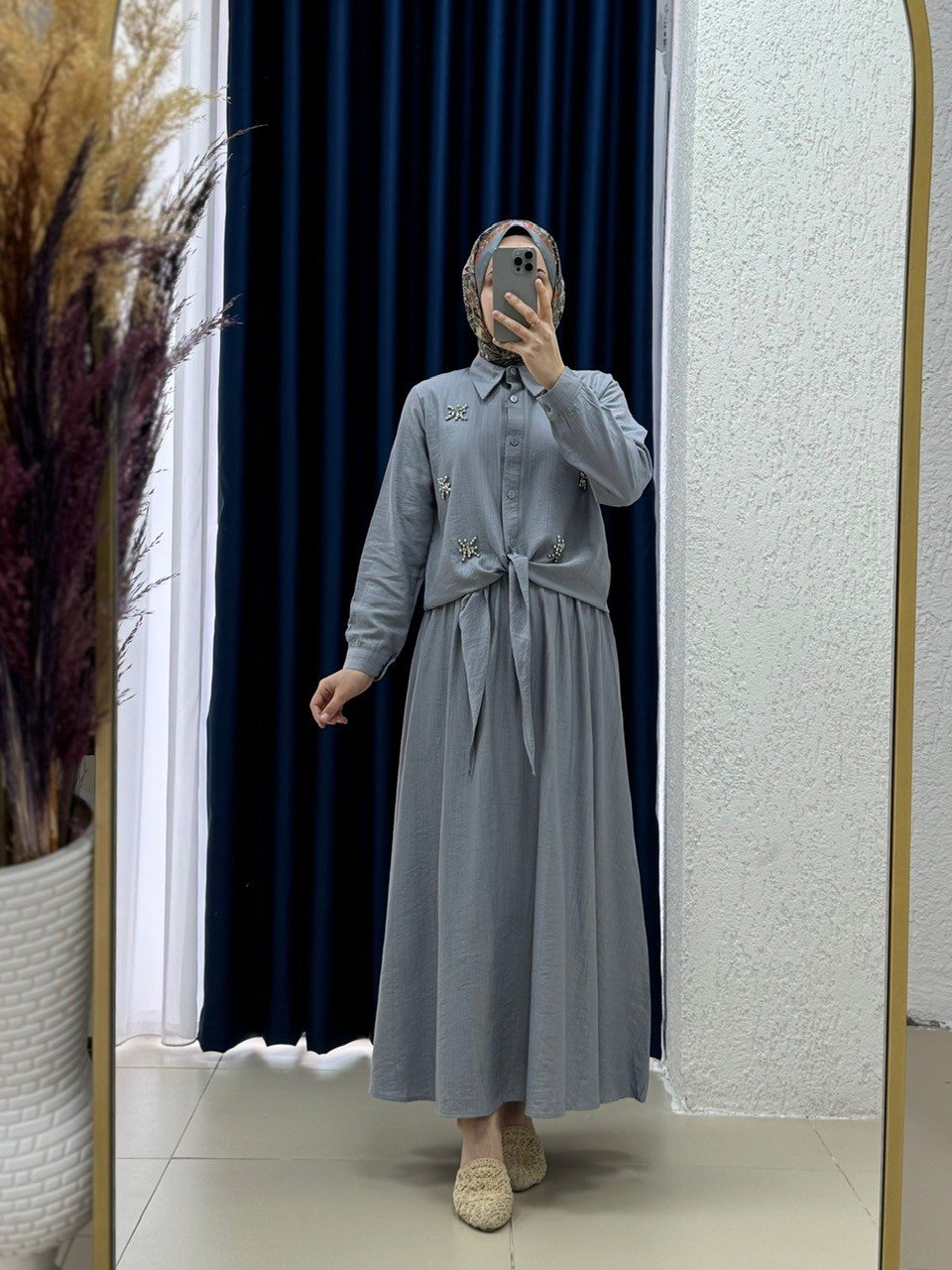 Dilfuruz Gömleği Taşlı ve Bağlamalı Etekli Takım-MF510 Gri