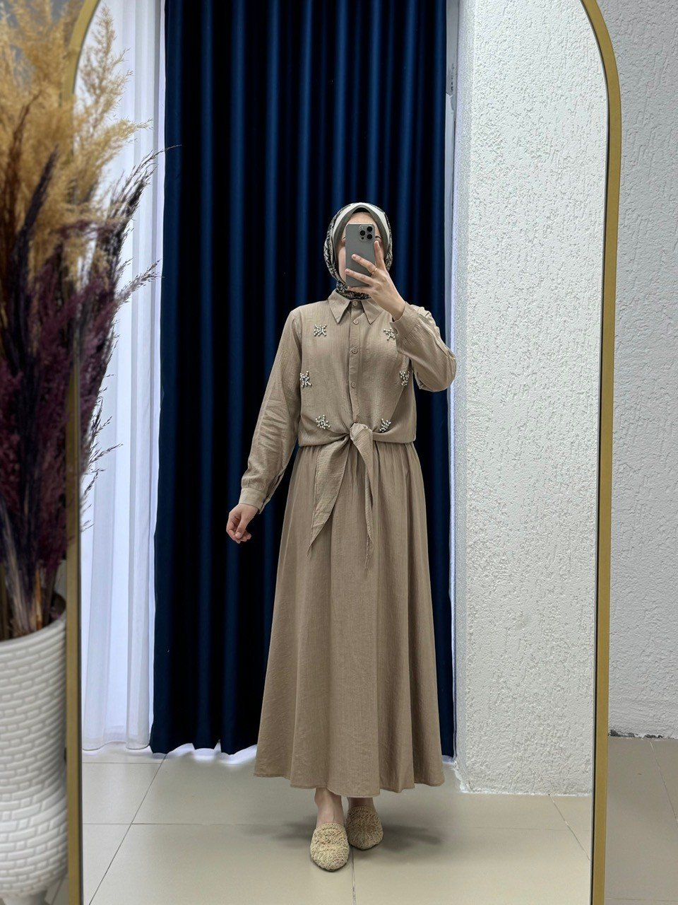 Dilfuruz Gömleği Taşlı ve Bağlamalı Etekli Takım-MF510 Vizon