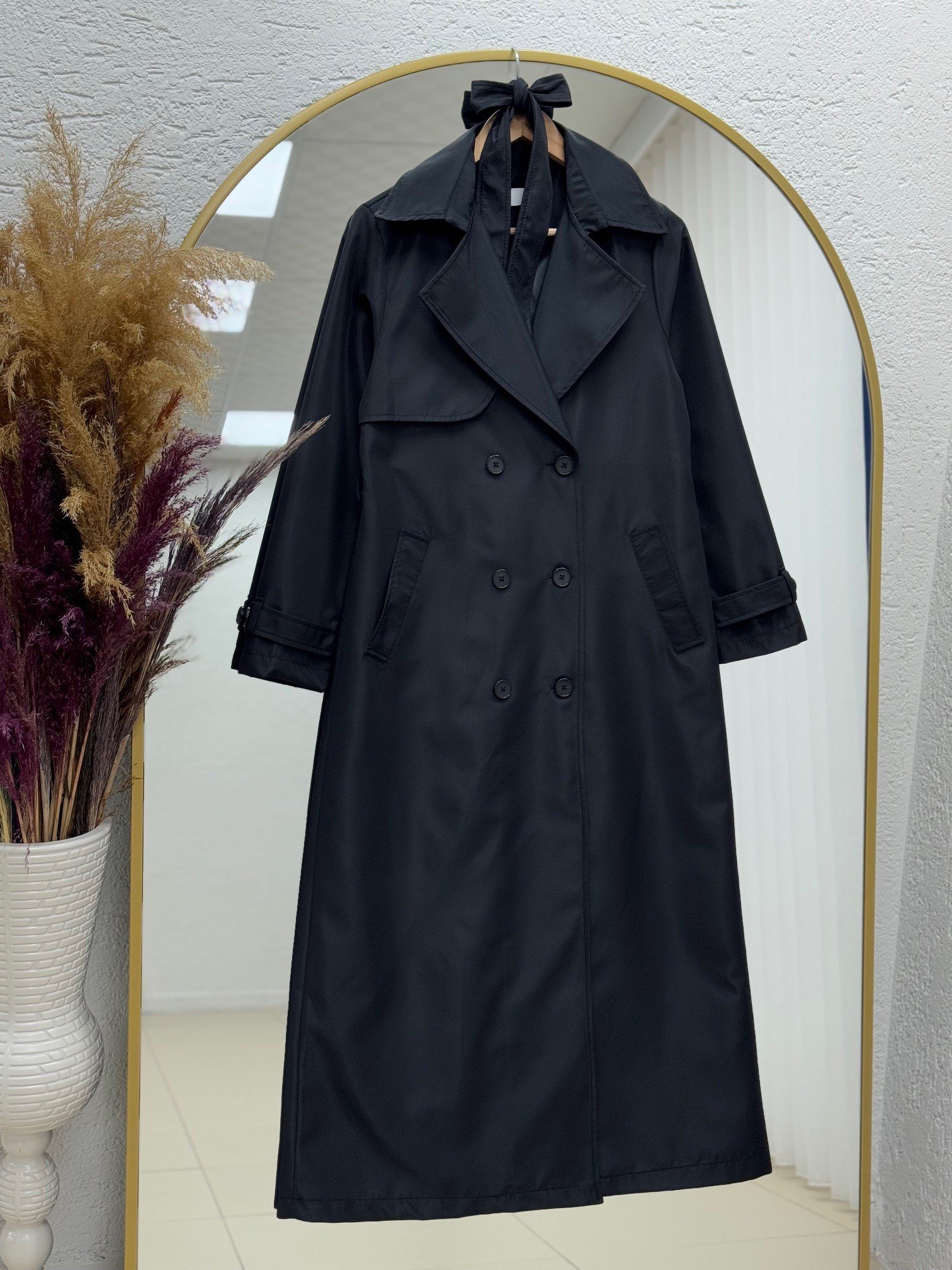 Doresia Düğmeli Bağlamalı Uzun Trenç-ZŞ6003 Siyah