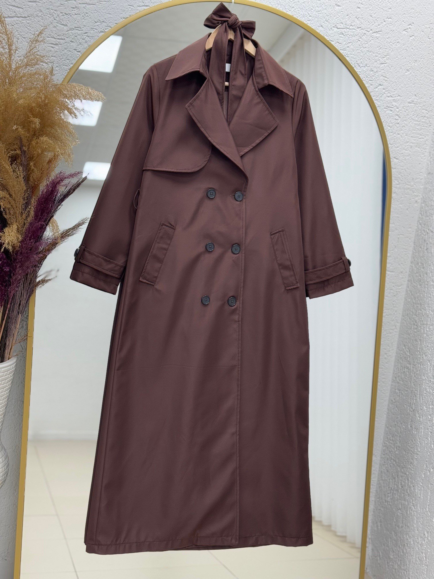 Doresia Düğmeli Bağlamalı Uzun Trenç-ZŞ6003 Kahve