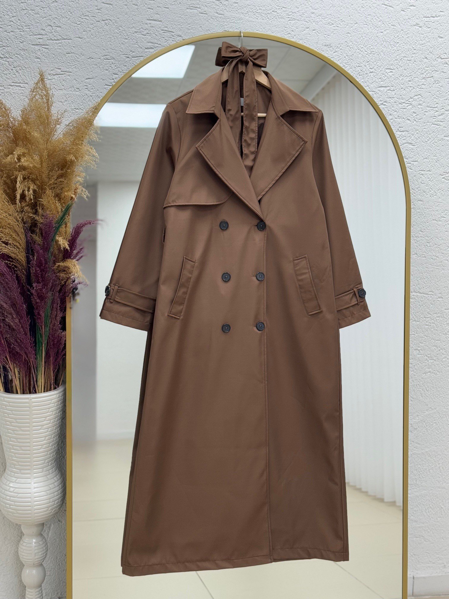 Doresia Düğmeli Bağlamalı Uzun Trenç-ZŞ6003 Koyu Kahve