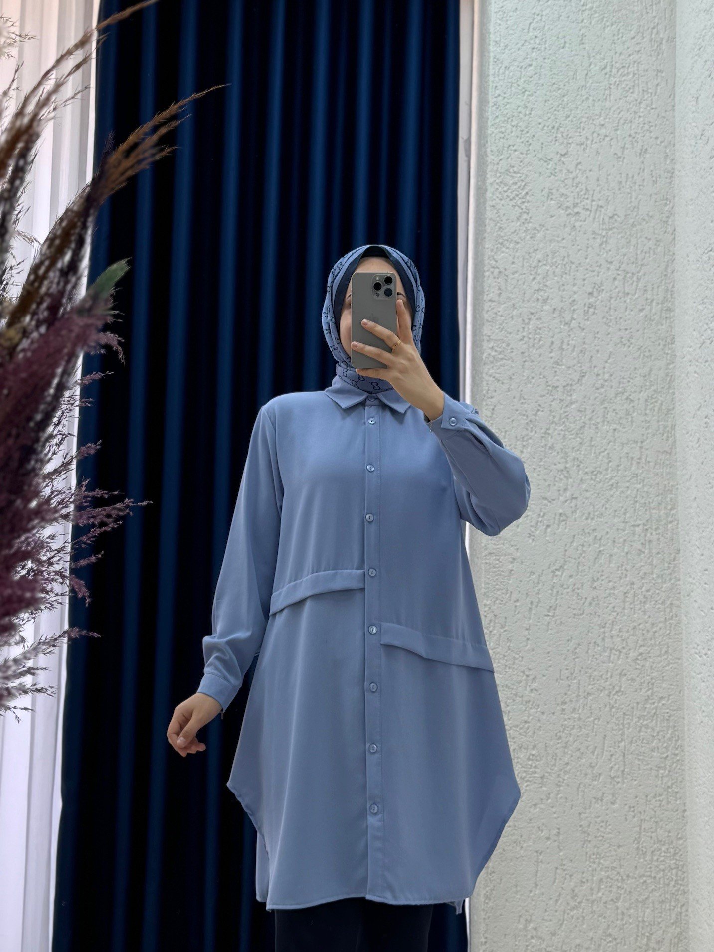 Eda Önleri Pileli Linda Tunik-EL1173 Mavi