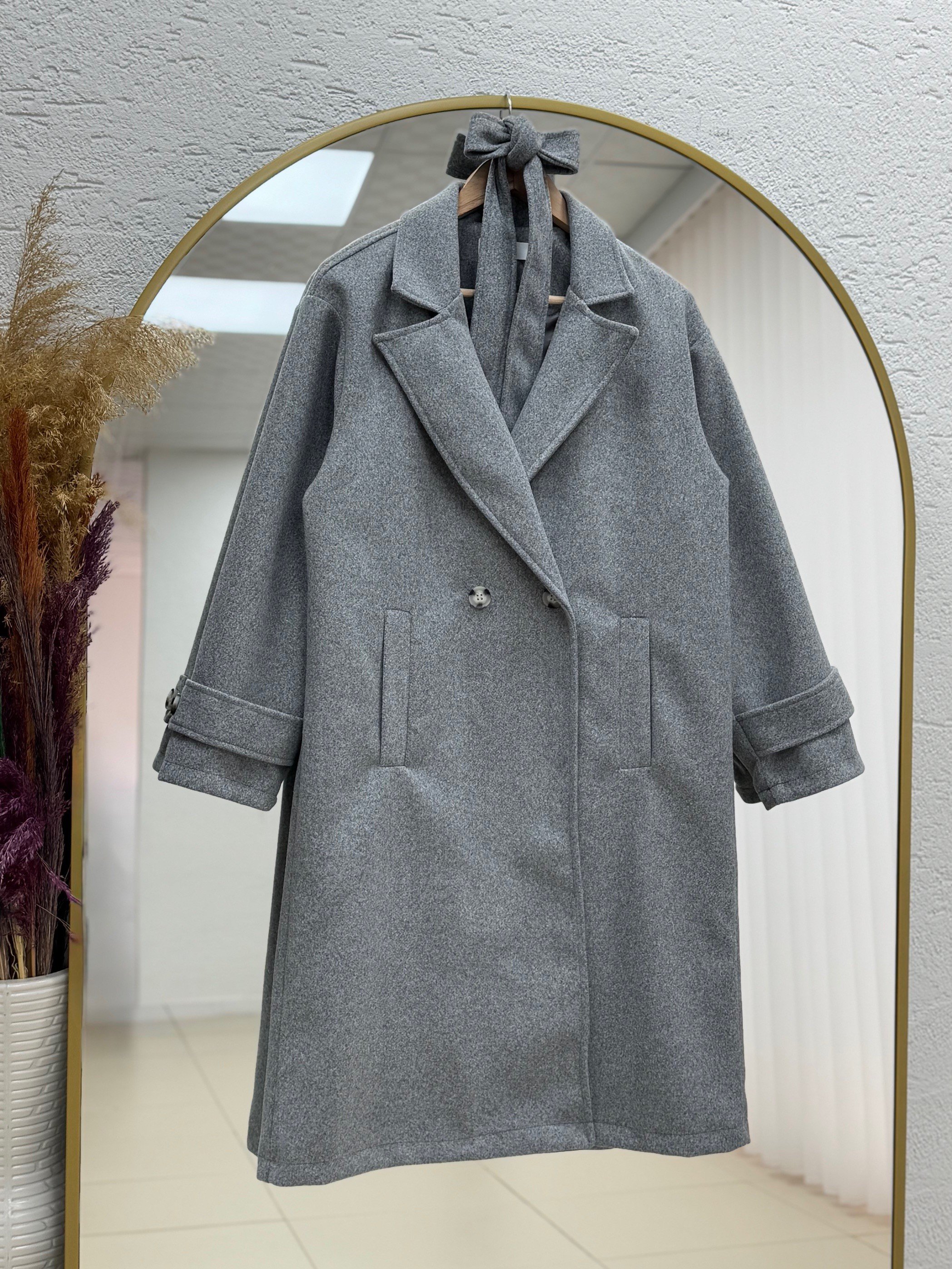 Efrat Kol Apoletli Kemerli Astarlı Kaban-BN8666 Gri