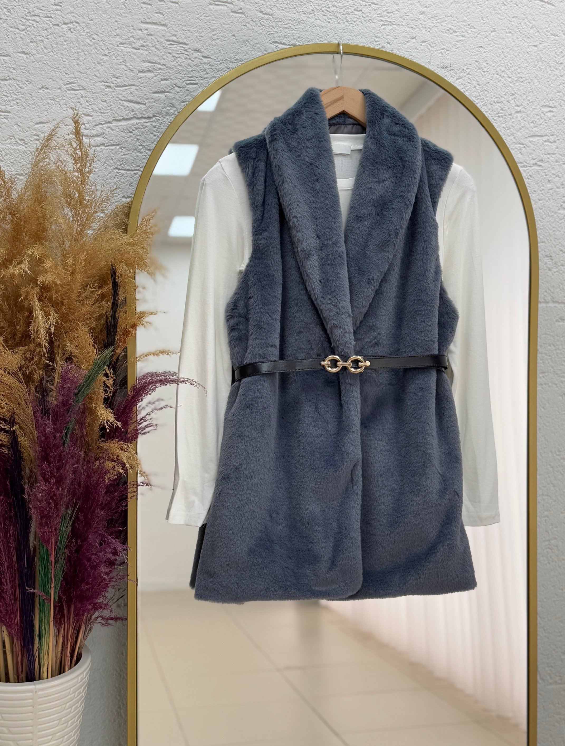 Elham Kemerli Peluş Yelek-BN8468 Gri