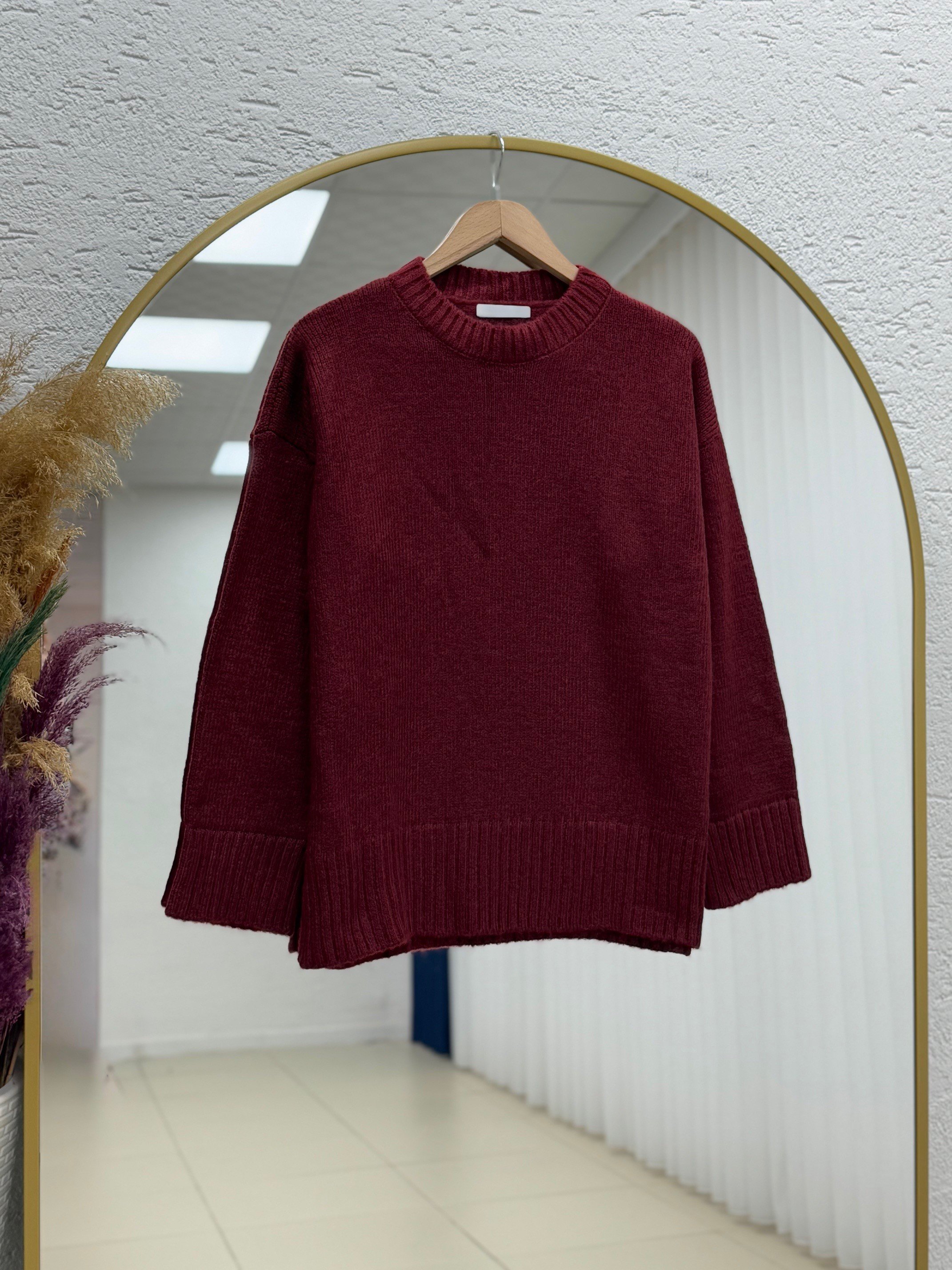 Ferera Kol Ucu Ve Altı Fitilli Örme Triko Kazak-Zİ6213 Bordo