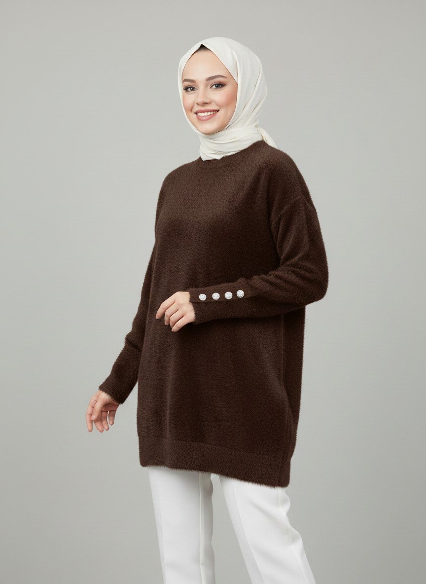 Ferola Kol Ucu Papata Düğmeli Peluş Tunik-Zİ5243 Kahve