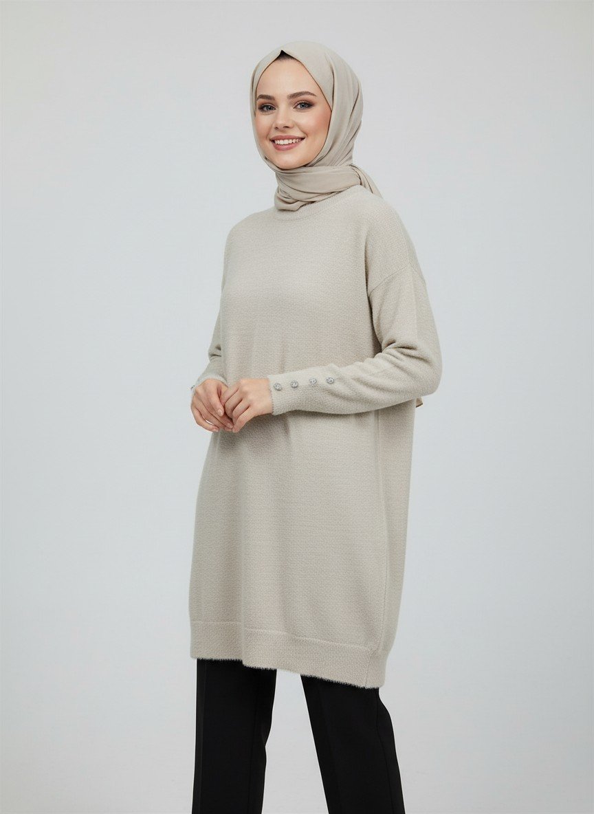 Ferola Kol Ucu Papata Düğmeli Peluş Tunik-Zİ5243 Taş