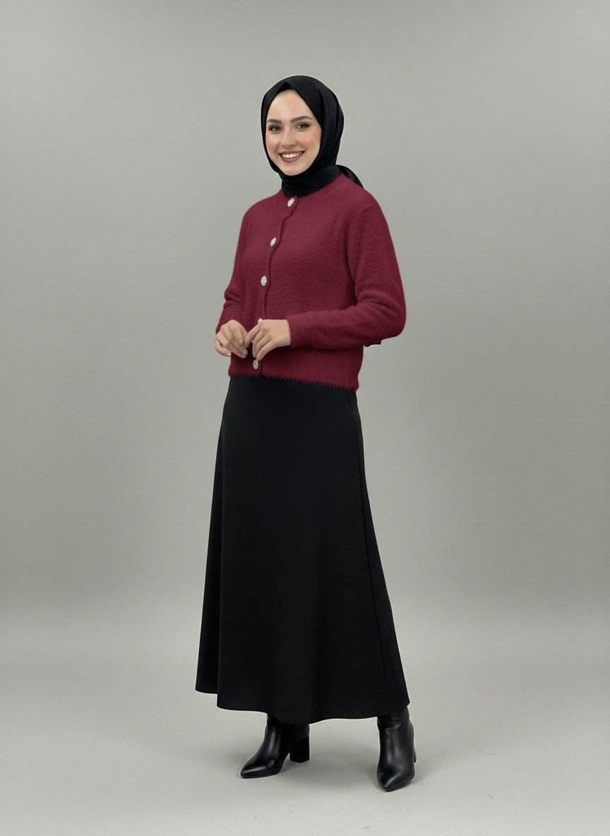 Feruna Papatya Düğmeli Tüylü Peluş Mini Hırka-Zİ5559 Bordo