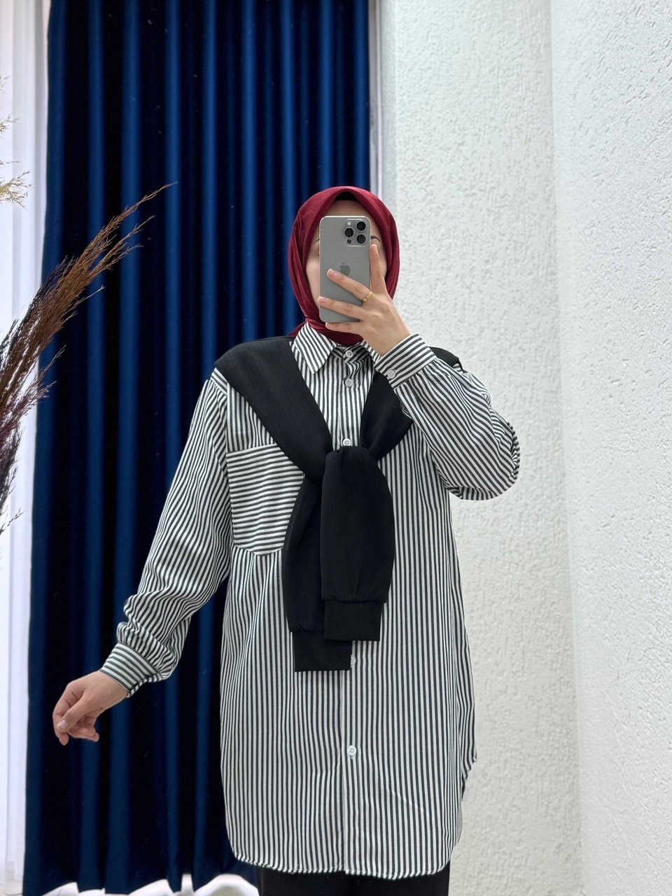 Gizem Yaka Bağlamalı Çizgili Gömlek-MF455 Siyah