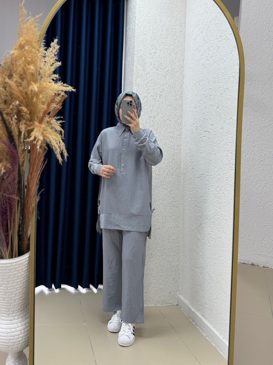 Glarus Yanları İpli Düğmeli Kırışık Çilek Takım-MF458 Gri