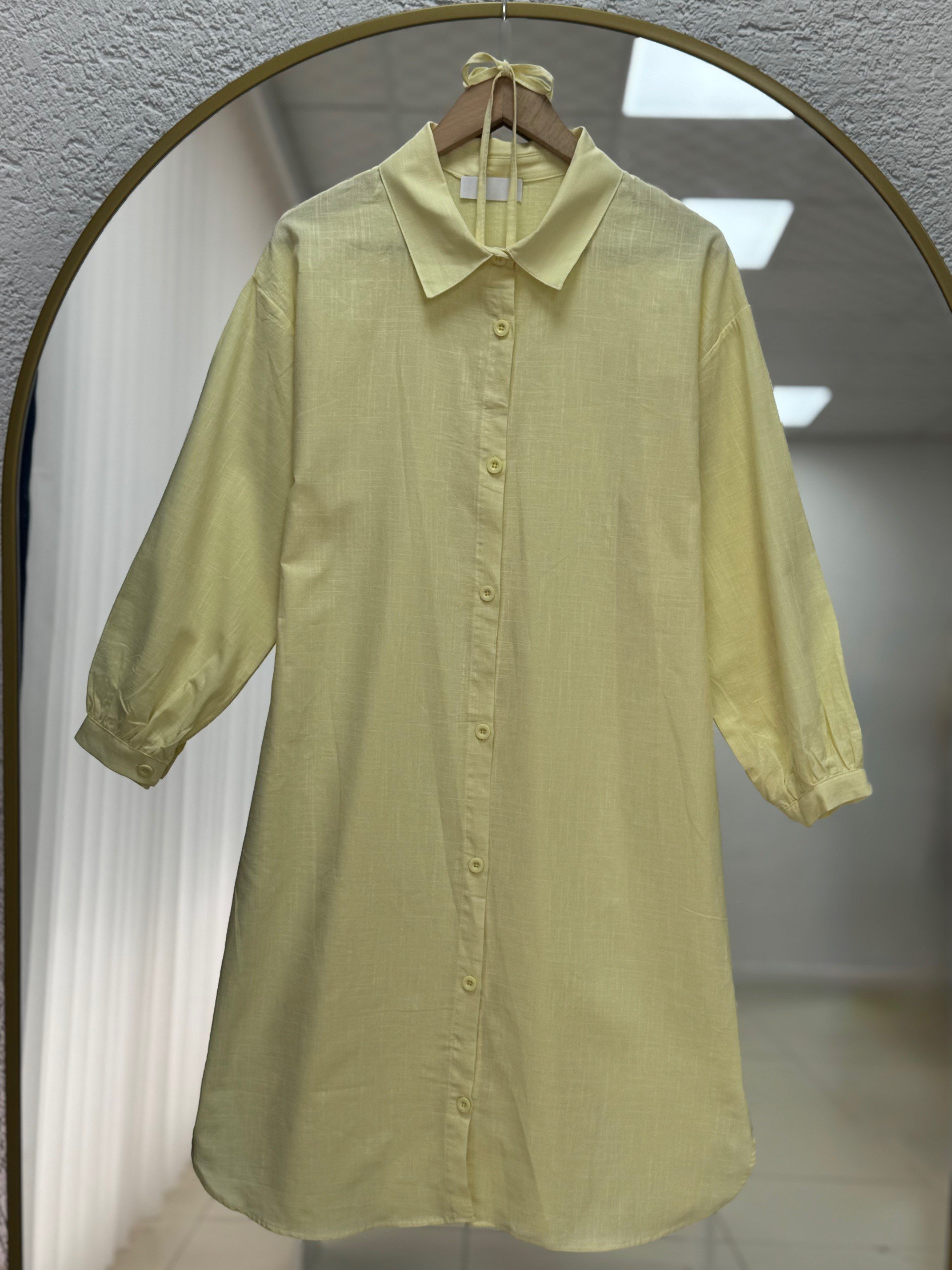 Karmora Bilek Büzgülü Yanları Yırtmaçlı Keten Tunik-EK141.12 Sarı