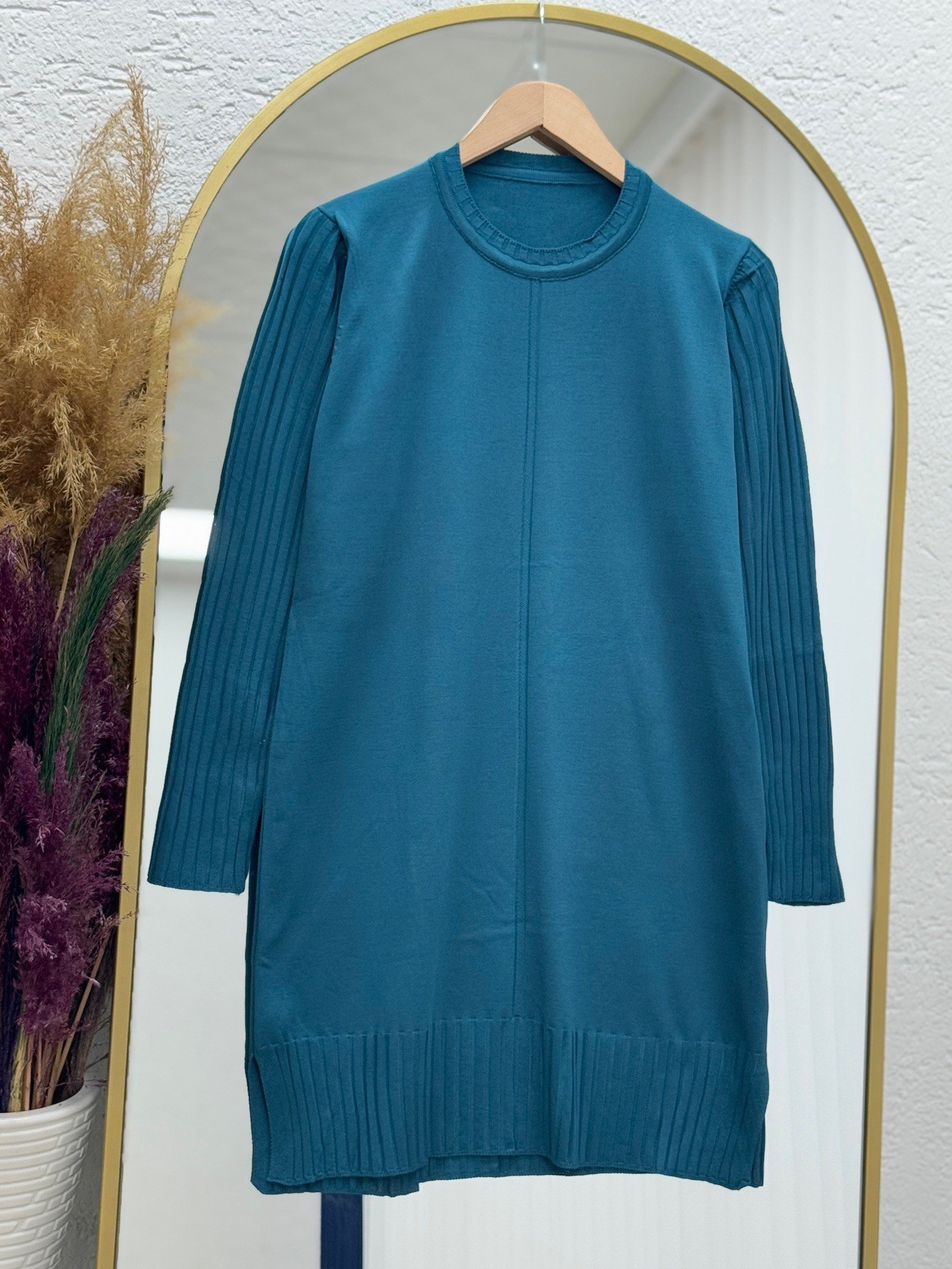 Lamisa Kolu Ve Altı Fitilli Soğuk İp Tunik-SY3191 Petrol Yeşili