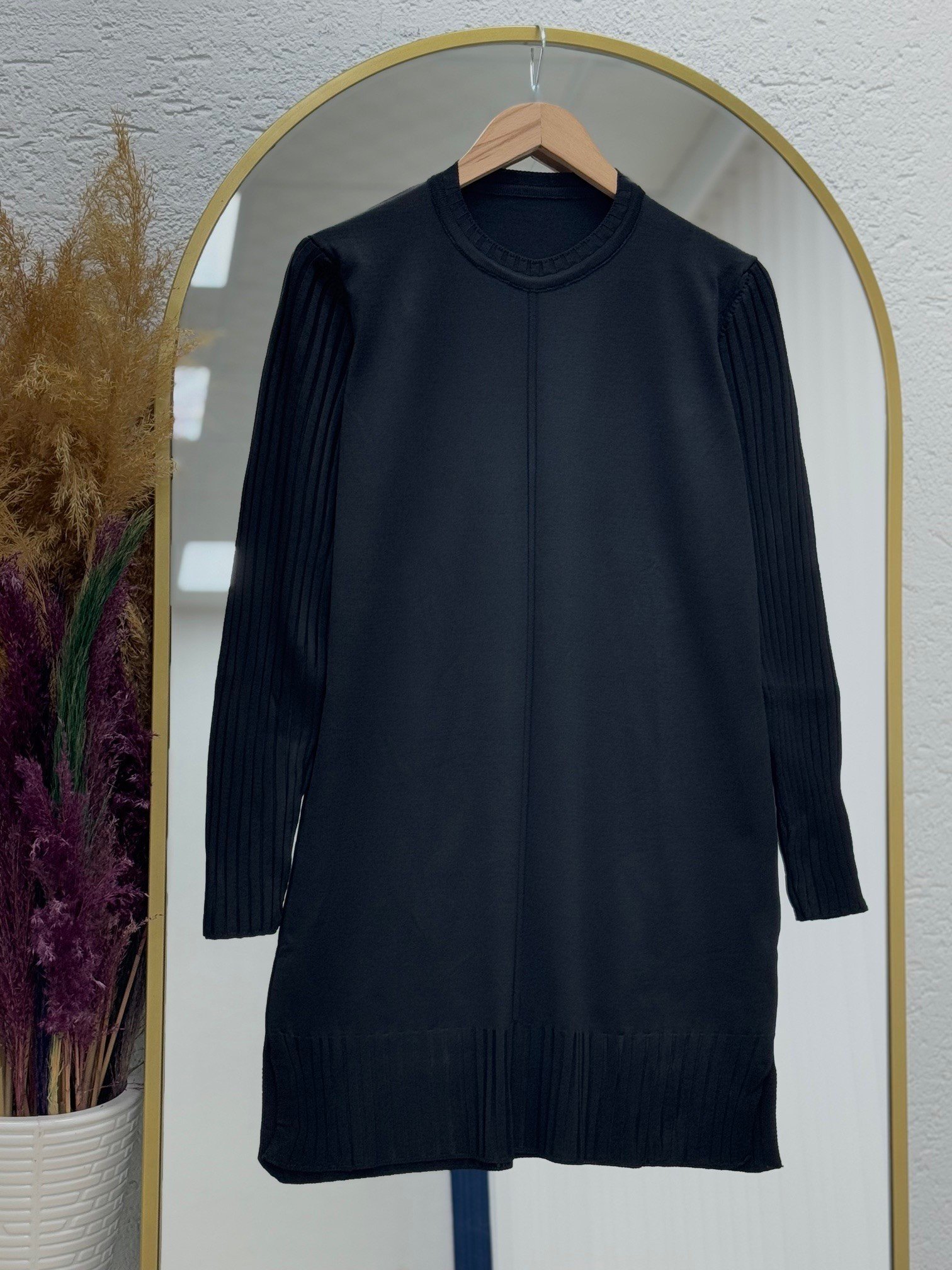 Lamisa Kolu Ve Altı Fitilli Soğuk İp Tunik-SY3191 Siyah