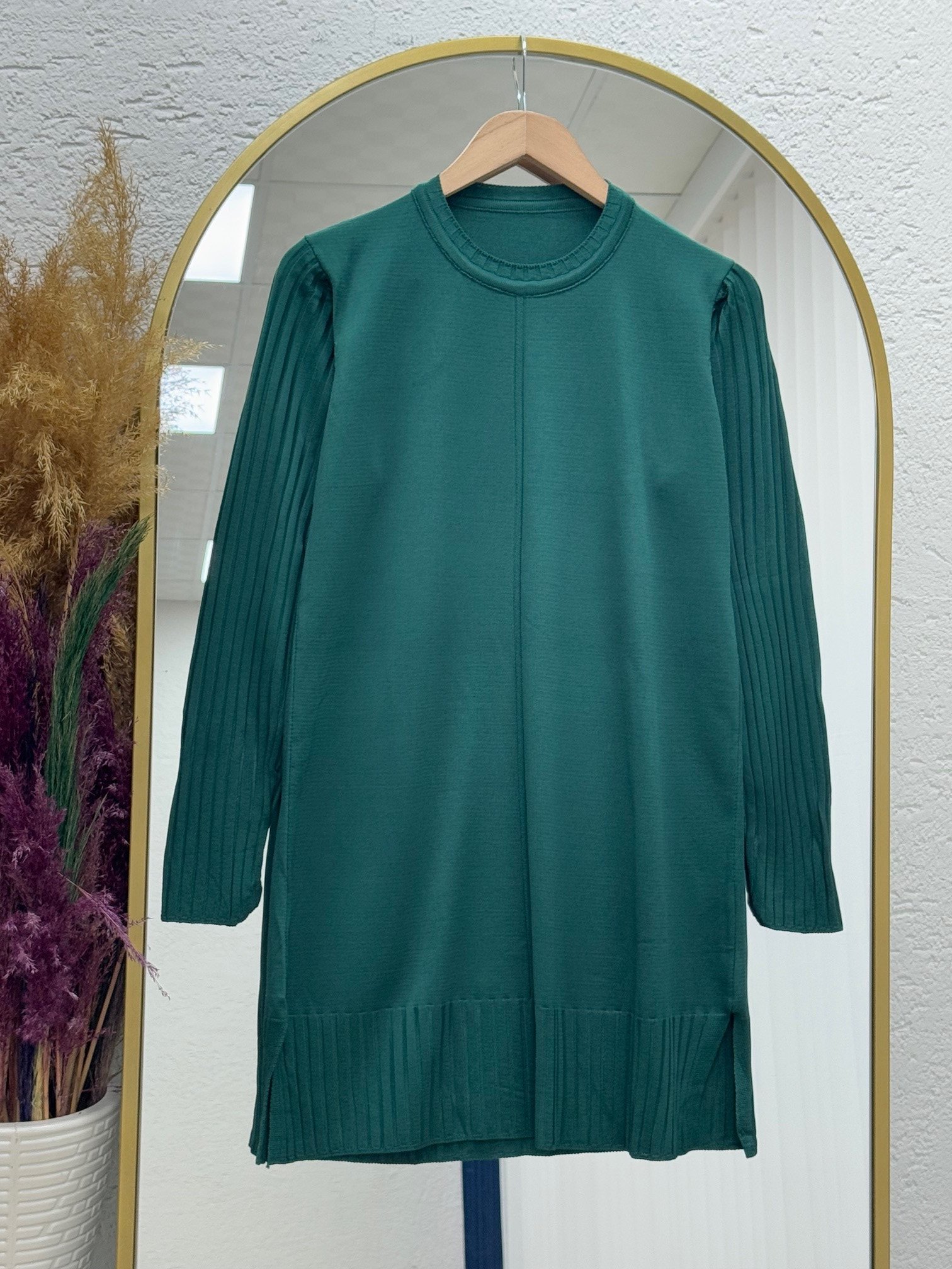 Lamisa Kolu Ve Altı Fitilli Soğuk İp Tunik-SY3191 Zümrüt Yeşili