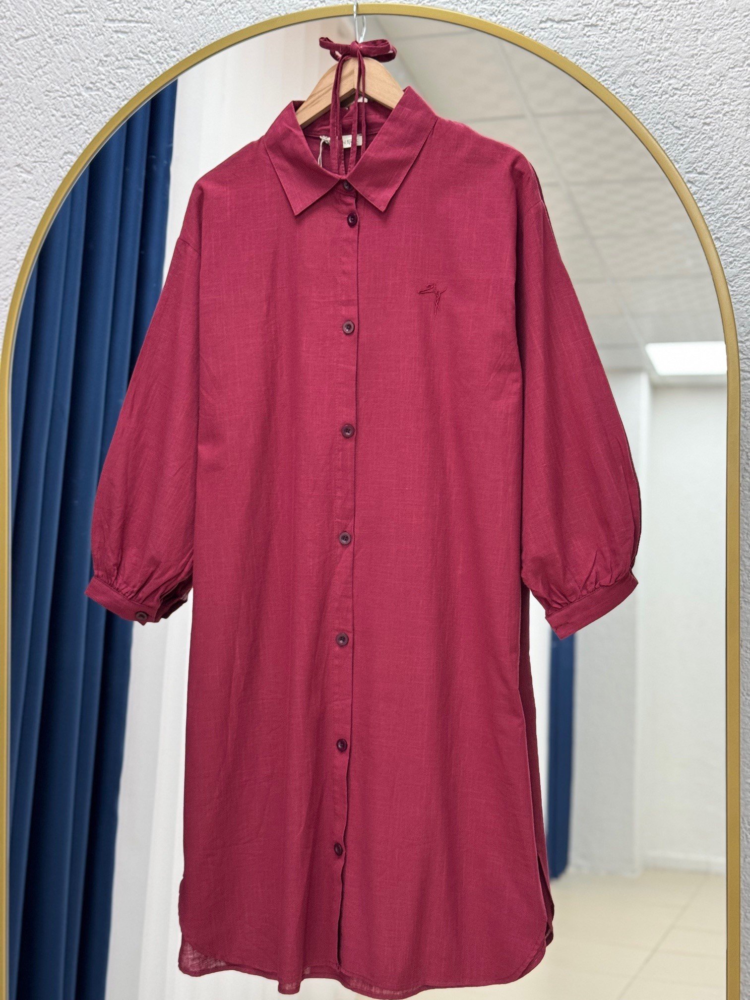 Lunara Bilek Büzgülü Nakışlı Keten Tunik-EK141.19 Bordo