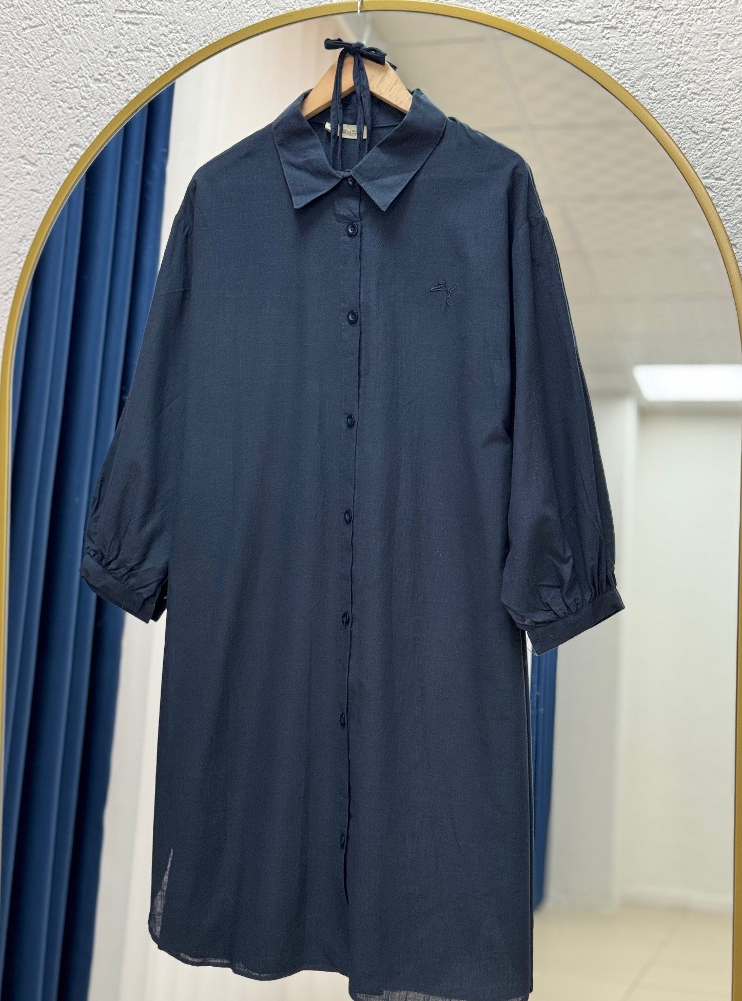 Lunara Bilek Büzgülü Nakışlı Keten Tunik-EK141.19 Lacivert