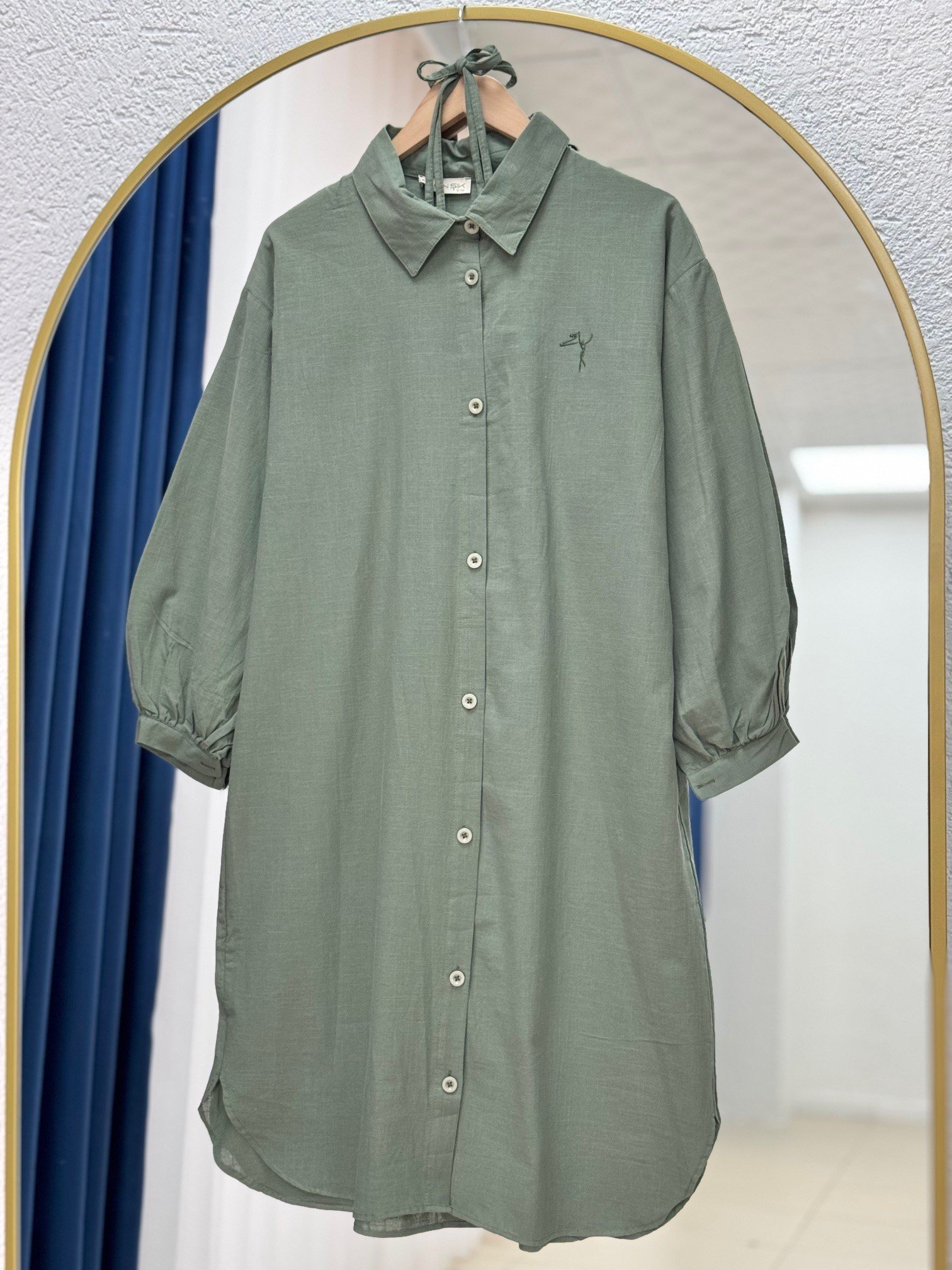 Lunara Bilek Büzgülü Nakışlı Keten Tunik-EK141.19 Haki