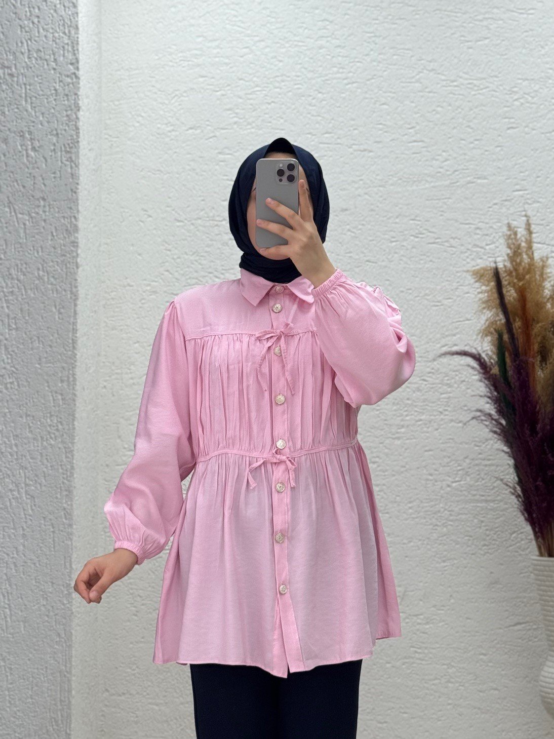 Maresia Katkatlı Biyeli Bağlamalı Gömlek-ZN7802 Pembe