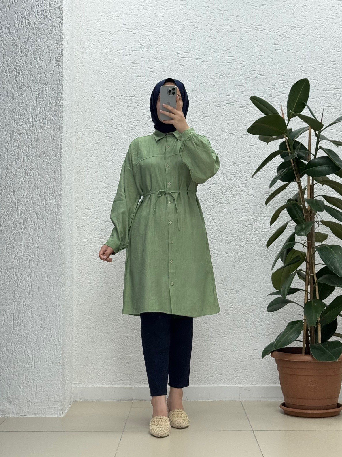 Marira Büzgülü Bağcıklı Uzun Çilek Gömlek-PE262 Yeşil