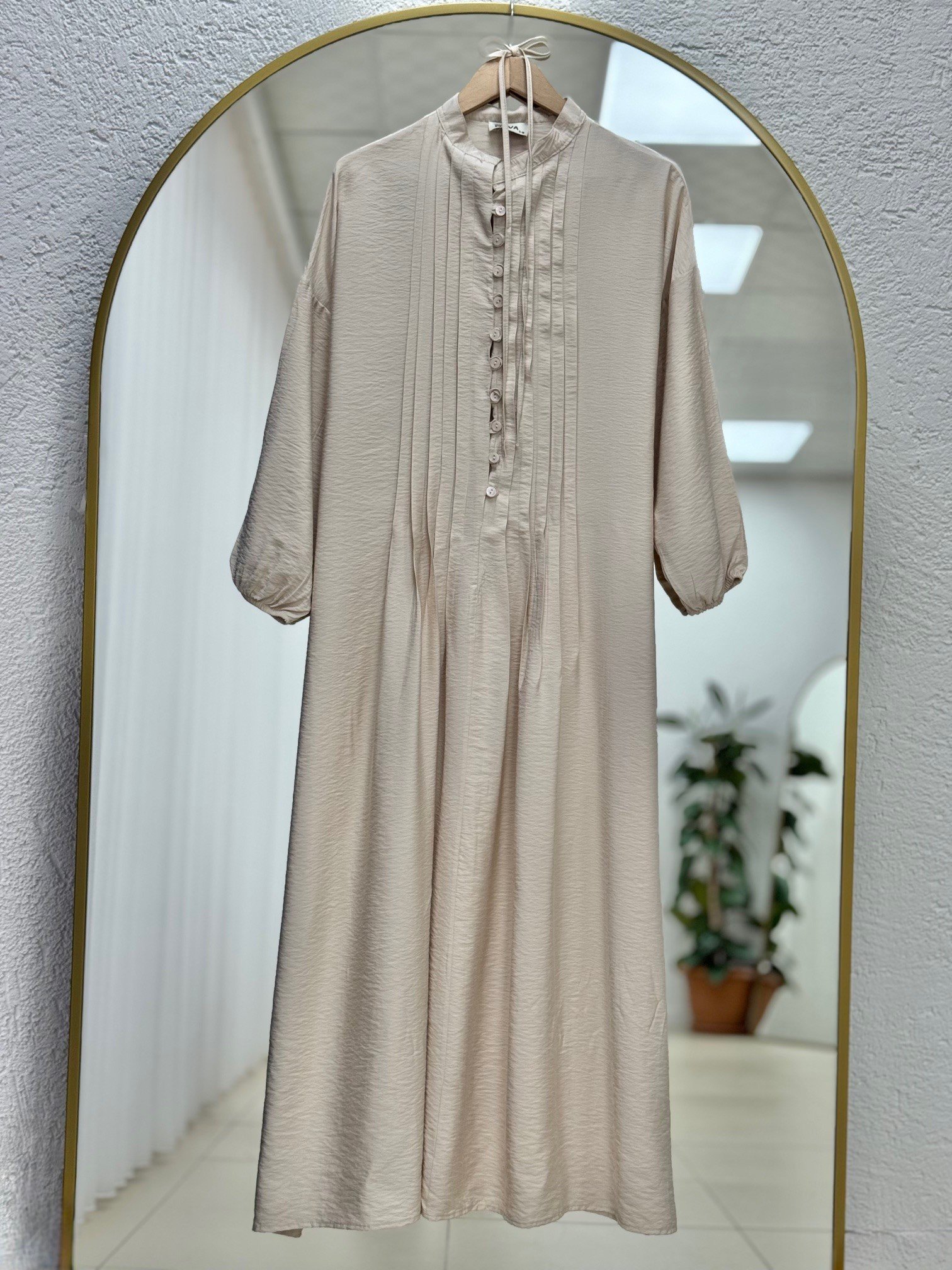 Maruna Poplin Pileli Düğmeli Elbise-NA2404 Taş