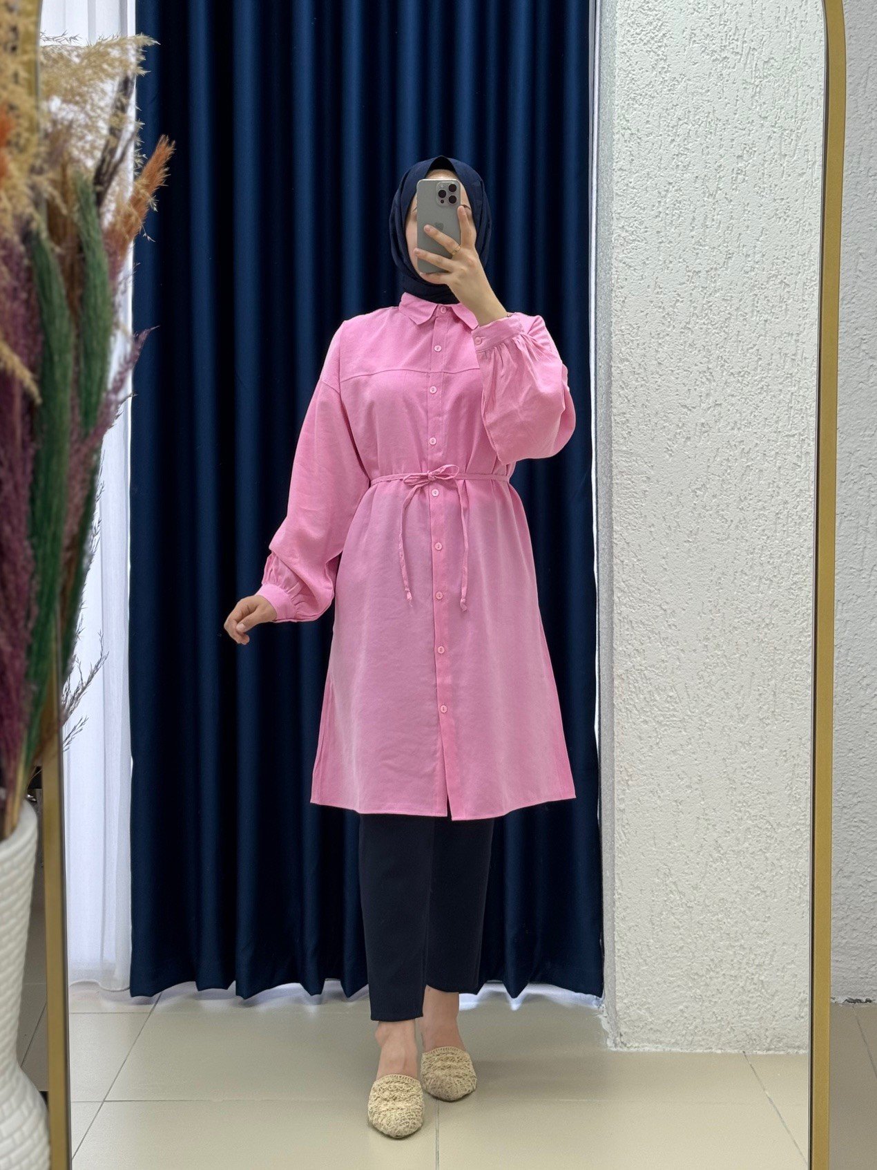 Miresia Bağcıklı Uzun Modal Gömlek-PE261 Pembe