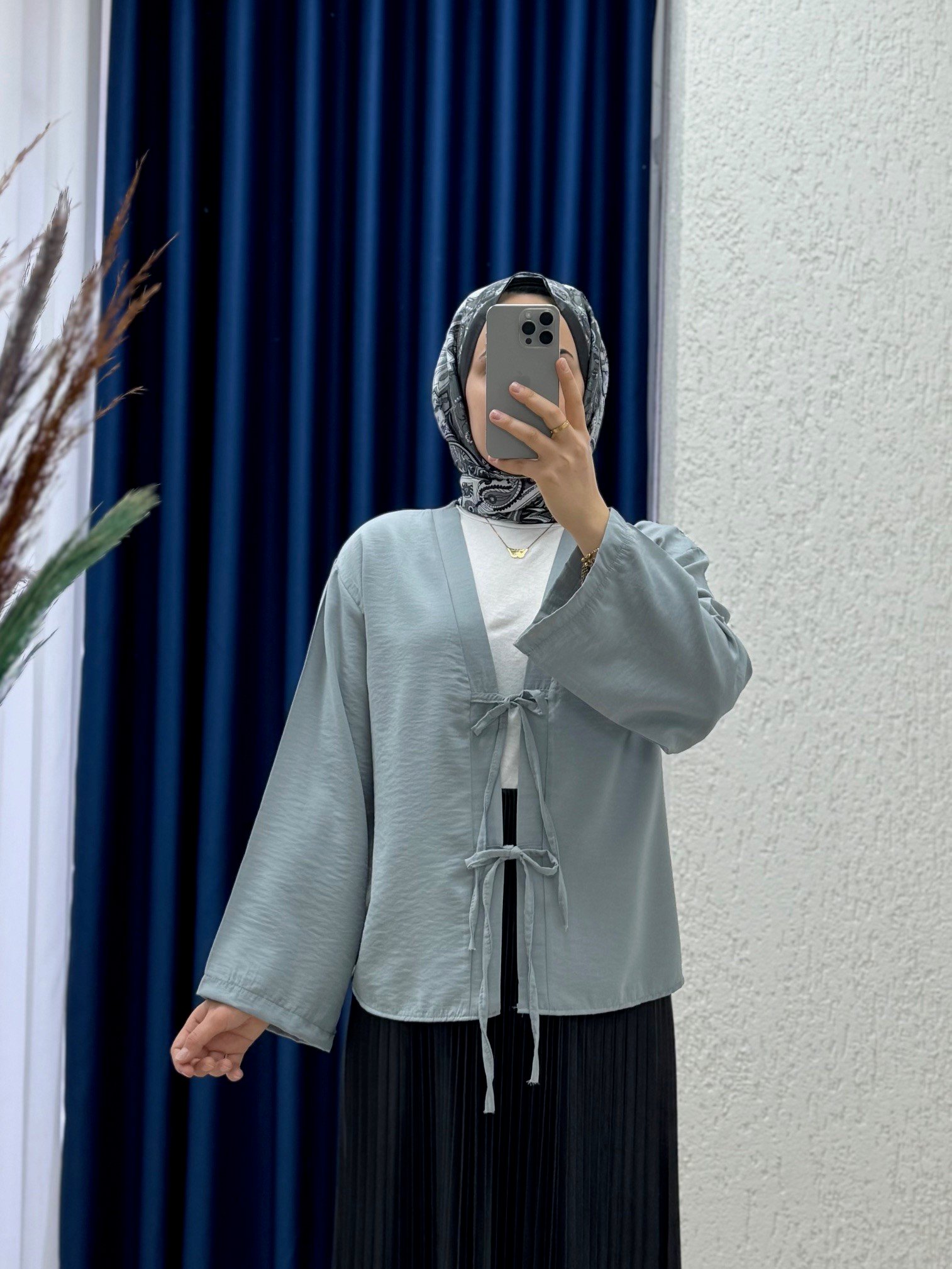 Mironia Önü Bağcıklı Cupra Kısa Kimono-MF212 Gri