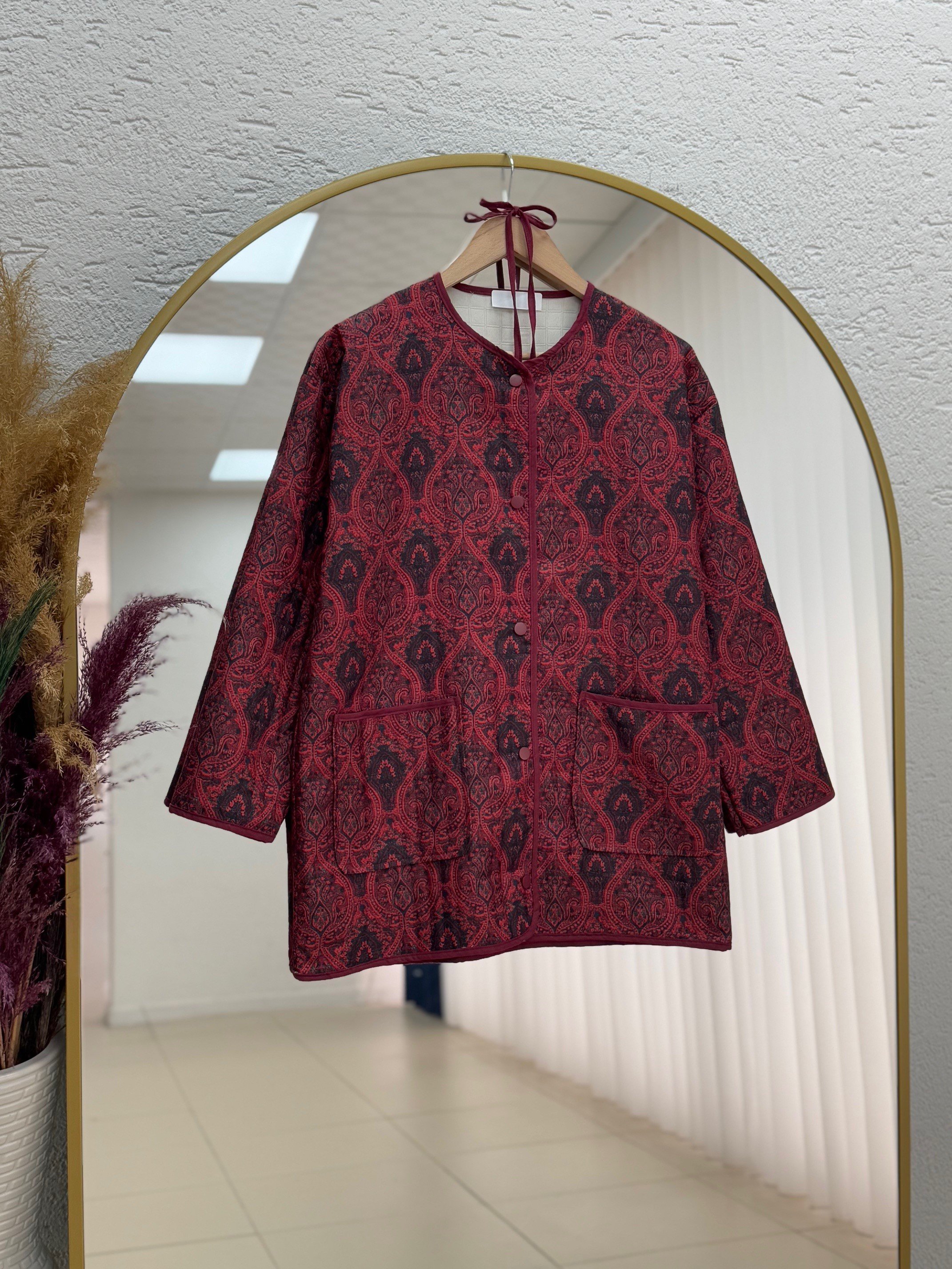 Mosina Etnik Desen Çift Cepli Kapitone Ceket-GS9950 Bordo