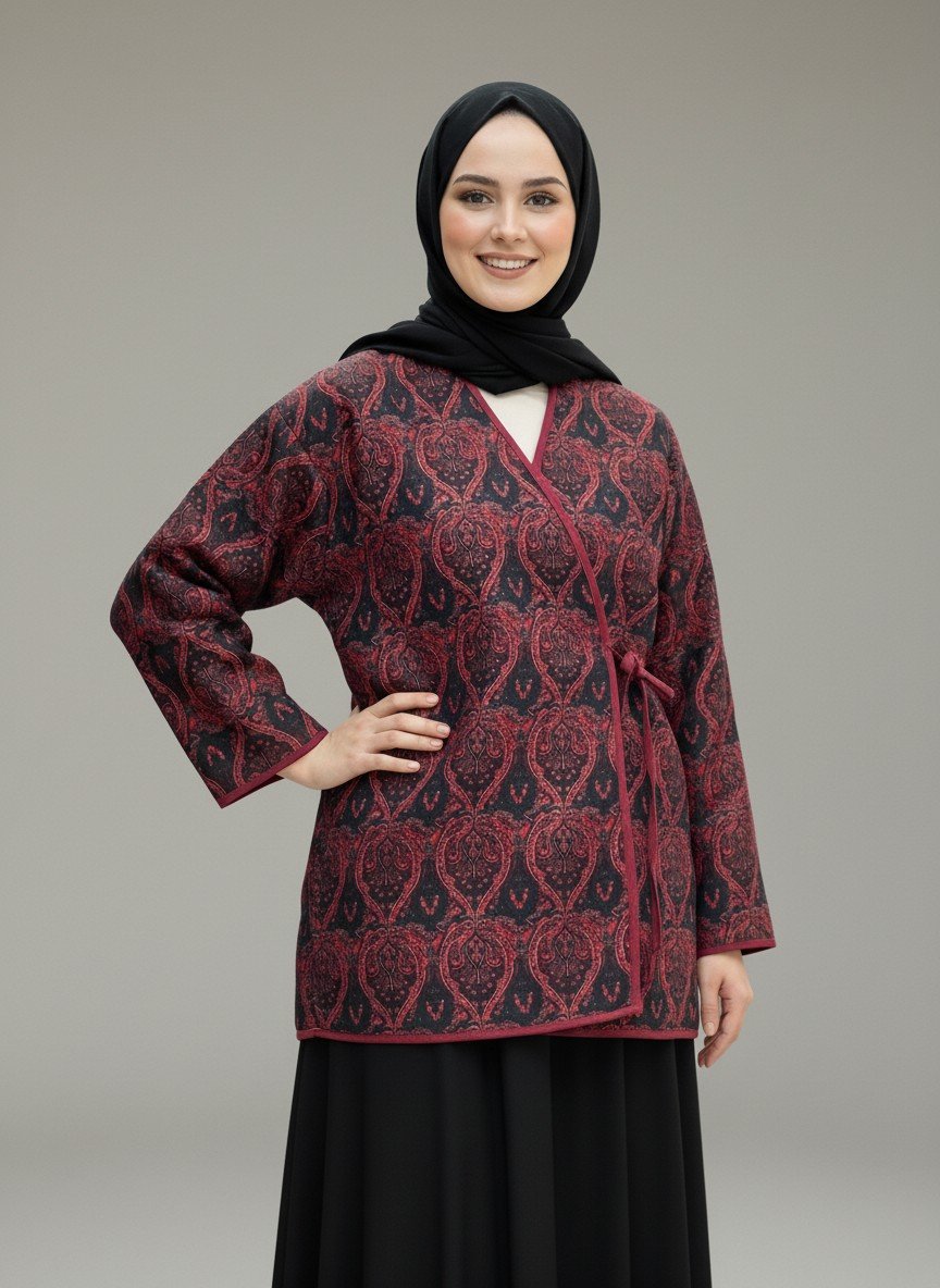 Munira İçi Kapitone Etnik Desen Yakasız Bağlamalı Ceket-MF9444 Bordo