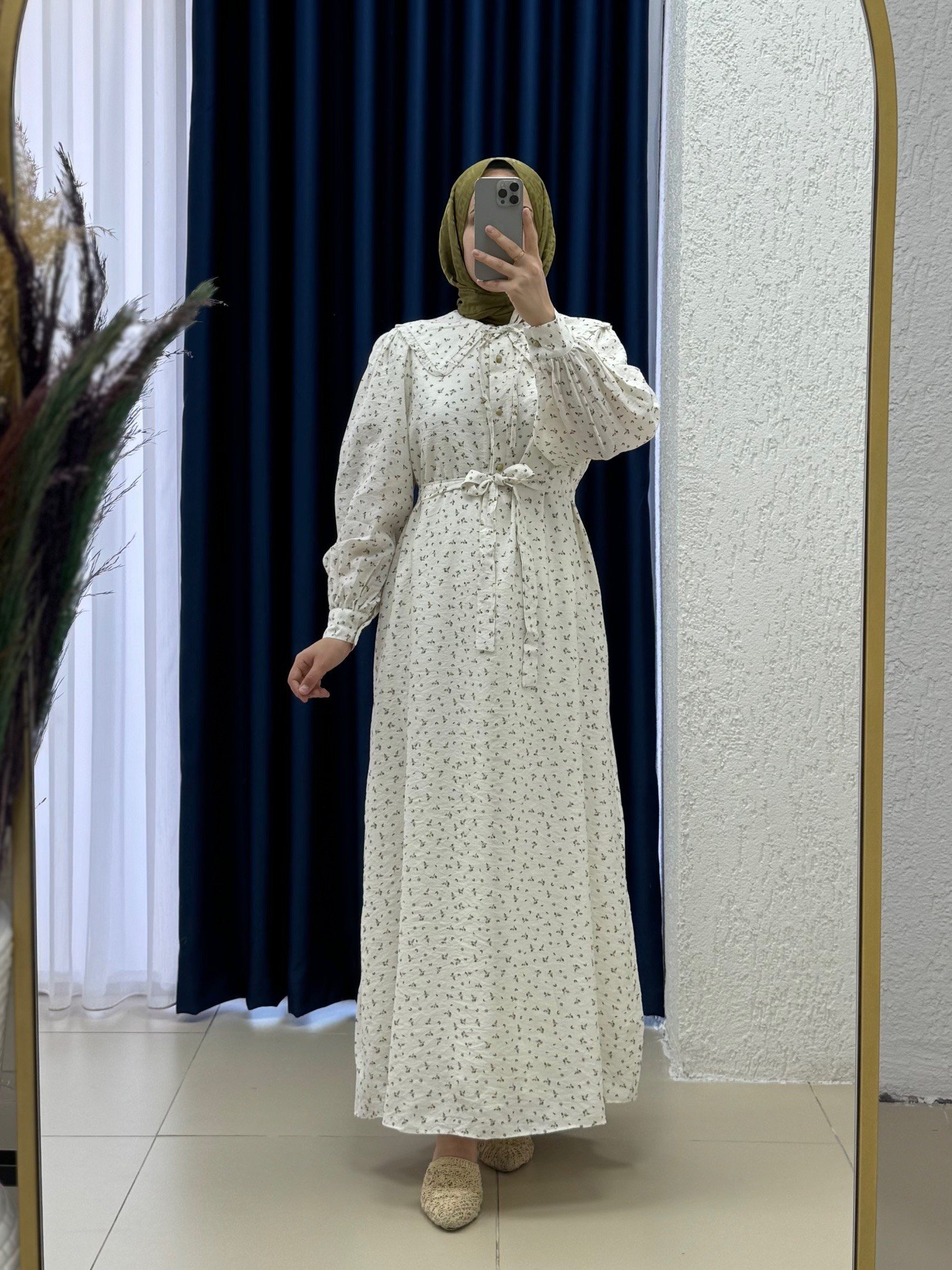 Orelesya Mini Çiçekli Bebe Yaka Yarım Patlı Elbise-AY8647 Yağ Yeşili