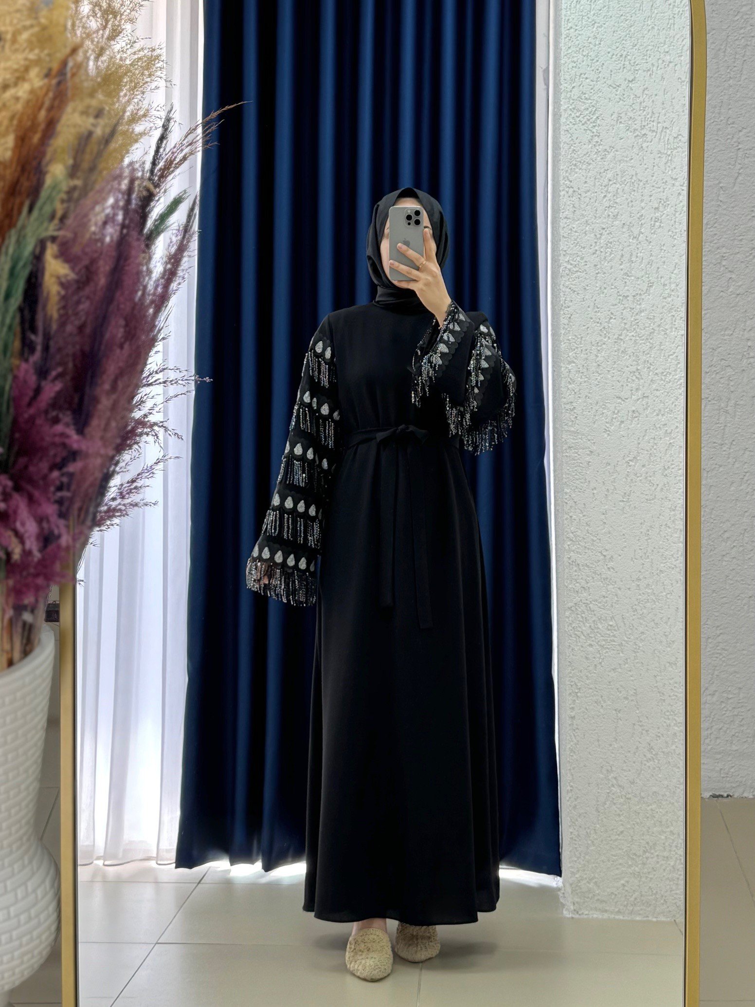 Orelilia Kolu Püsküllü Krep Elbise-PA9632 Siyah