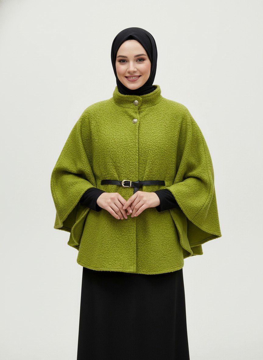 Sarina 2 Gold Düğmeli Buklet Panço-FS7555 Fıstık Yeşili