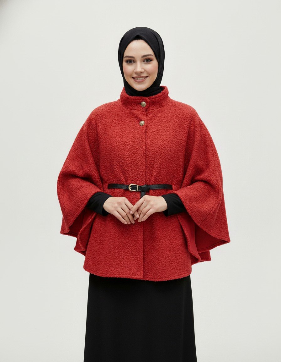 Sarina 2 Gold Düğmeli Buklet Panço-FS7555 Kırmızı