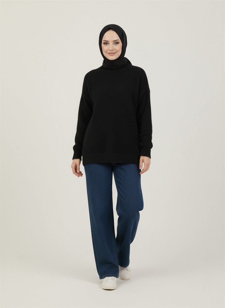 Seraphina Kolu ve Altı Lastikli Sakallı Tunik-KR3154 Siyah