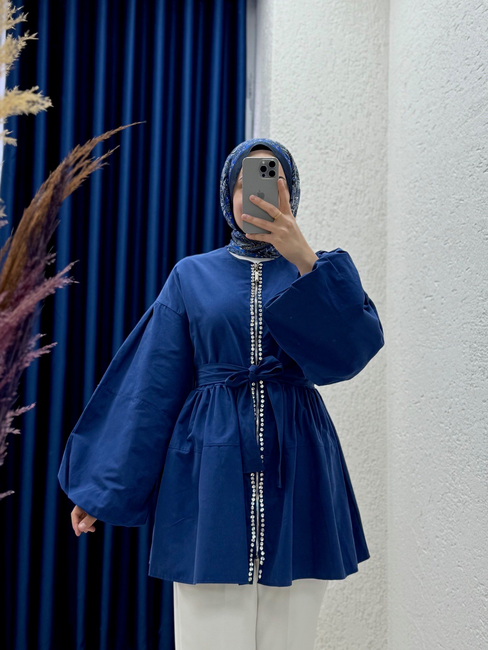 Serenya Taş Detaylı Fermuarlı Ceket-Çİ474 Lacivert