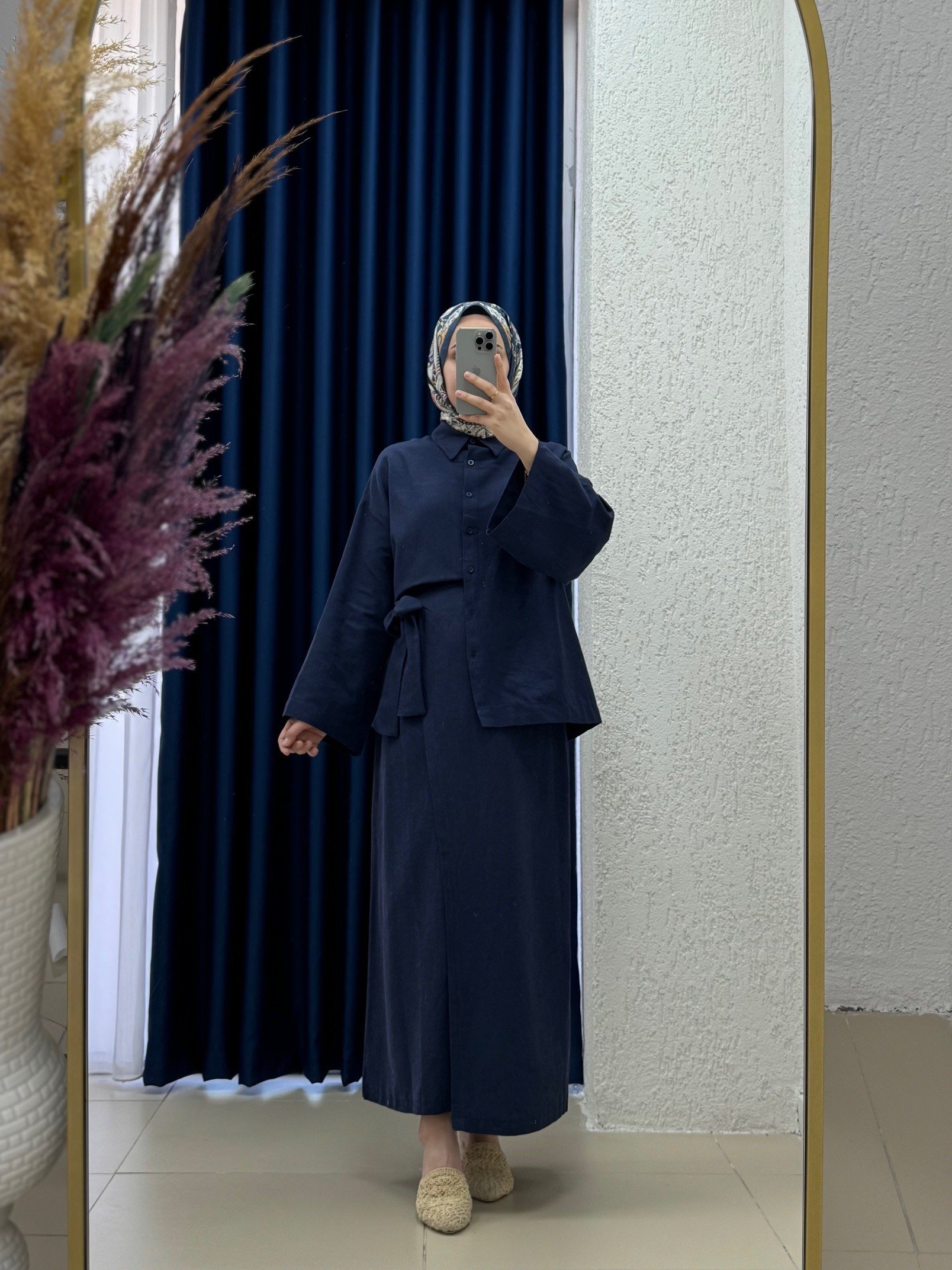 Serista Eteği Yandan Bağlamalı Keten Takım-EK262 Lacivert