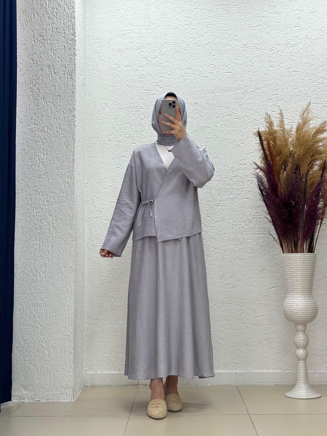Serona Üstü Kimono Etekli Çilek Takım-EK556-AS079 Gri