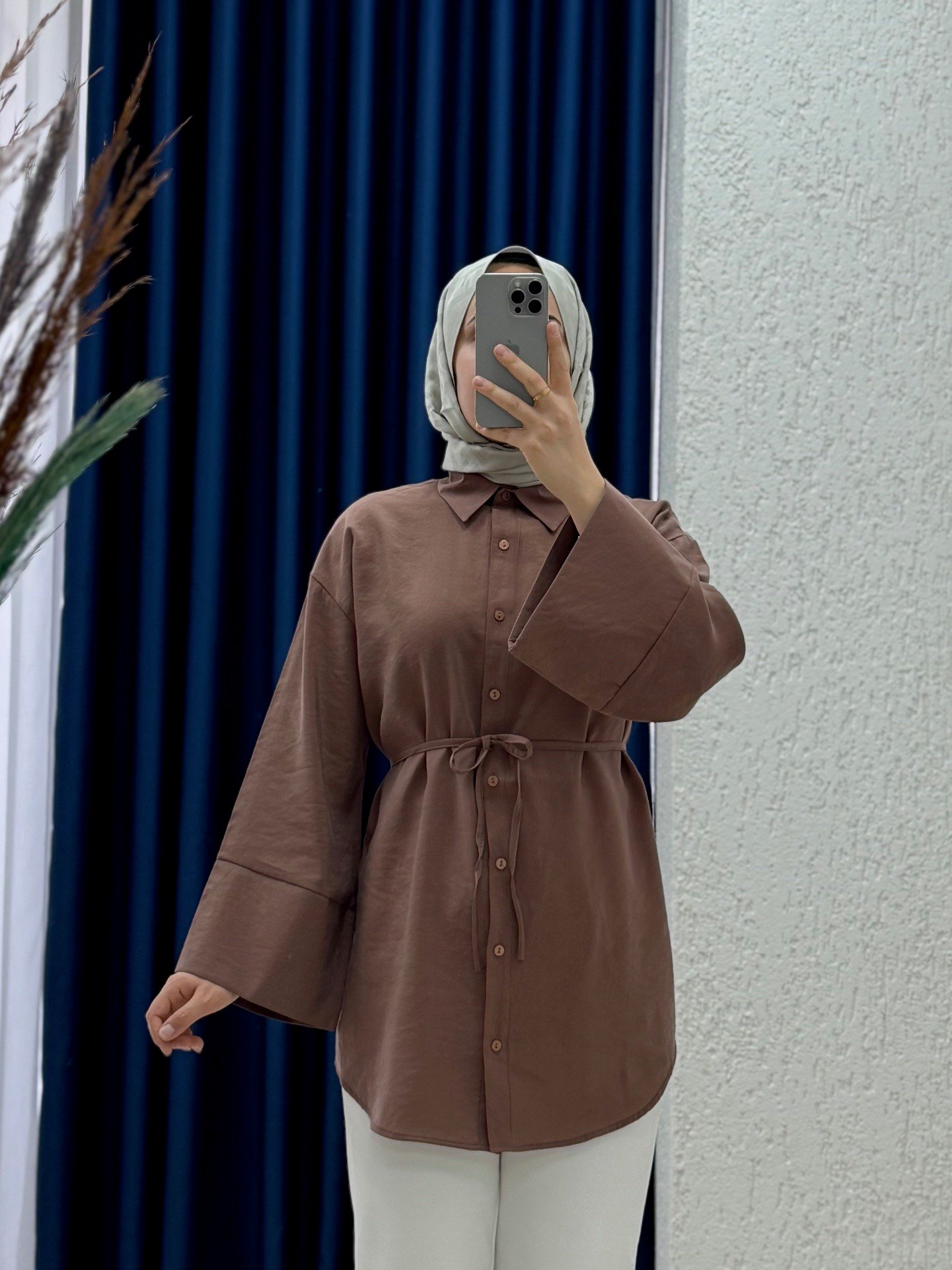 Seruna Geniş Kol Gömlek-Çİ513 Kahve