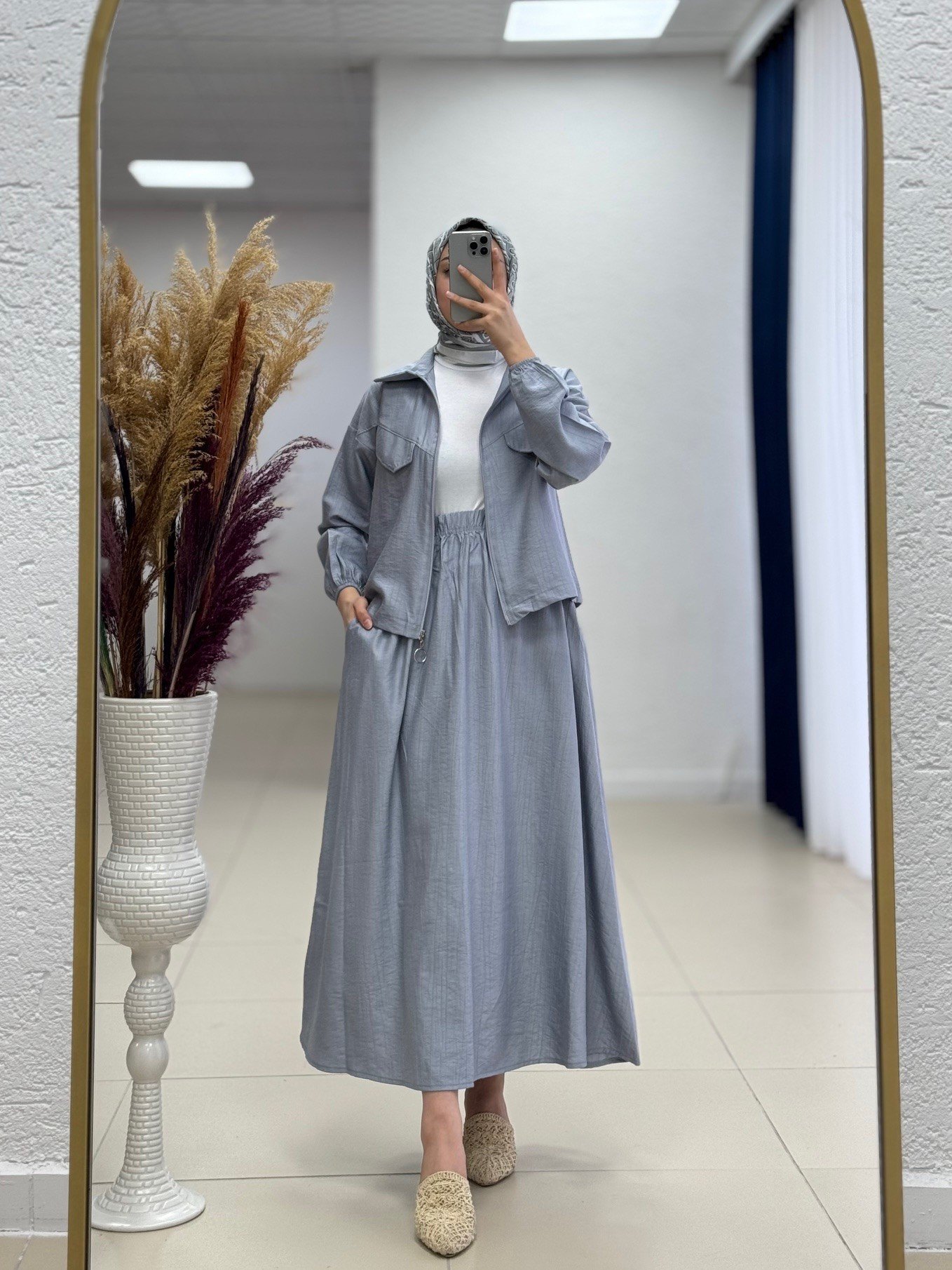 Sofya Çilek Fermuarlı Etekli Cepli Takım-NA3390 Gri