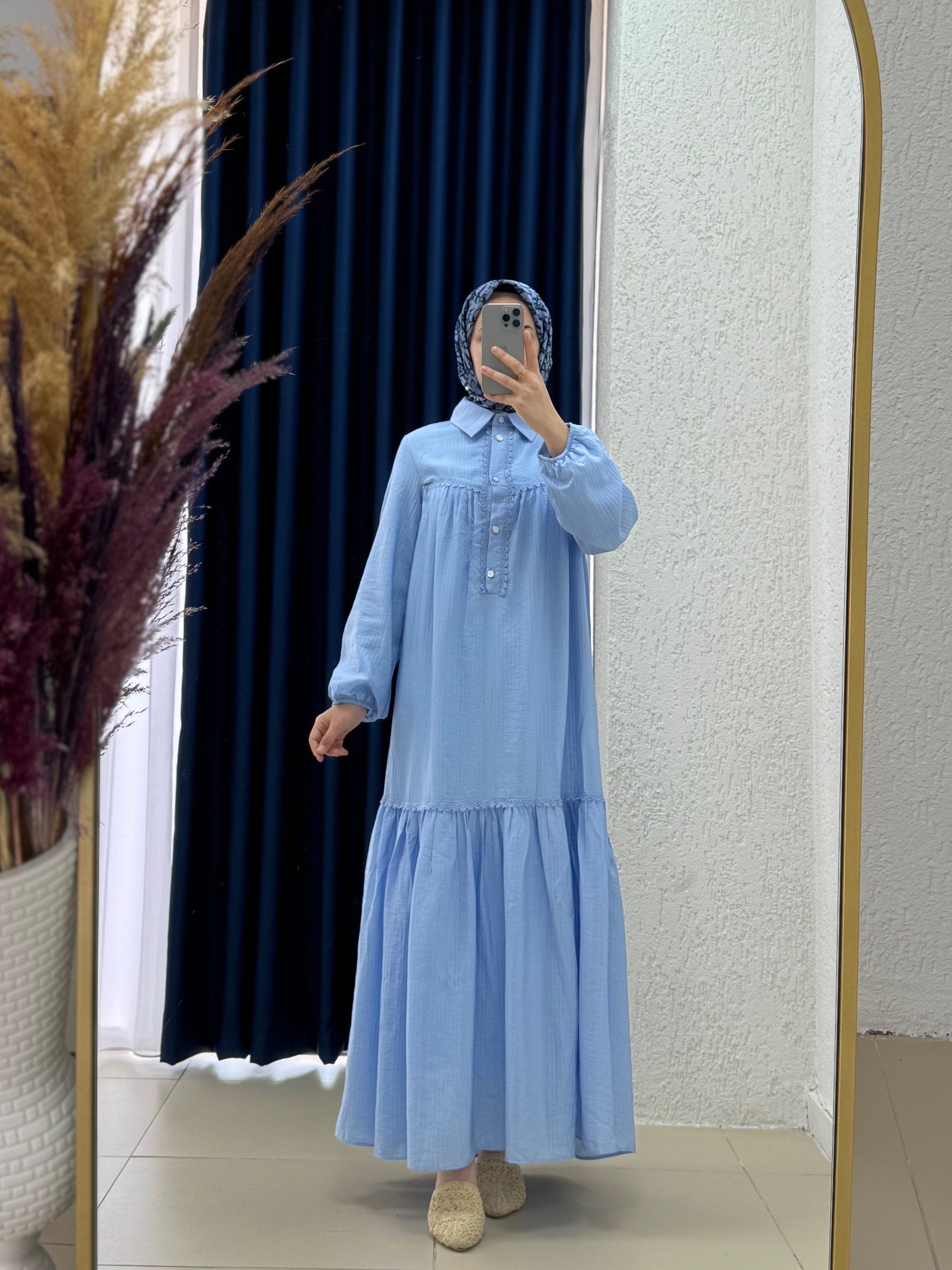 Sorasya Yarım Patlı Kat Detaylı Elbise-AY8597 Mavi