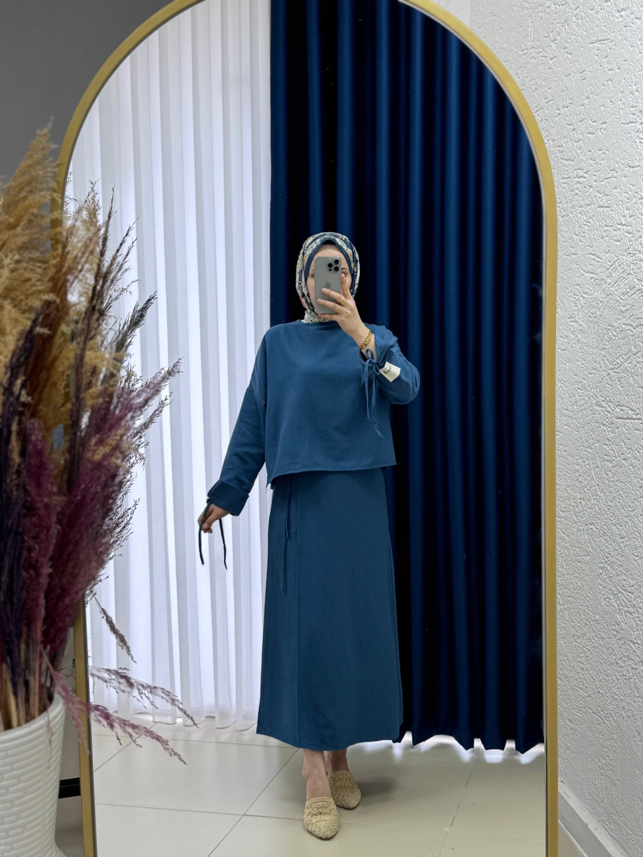 Sultan Kolları İpli Tek Kolu Etiket Aksesuarlı Etekli Takım-EK-H-110-2 İndigo