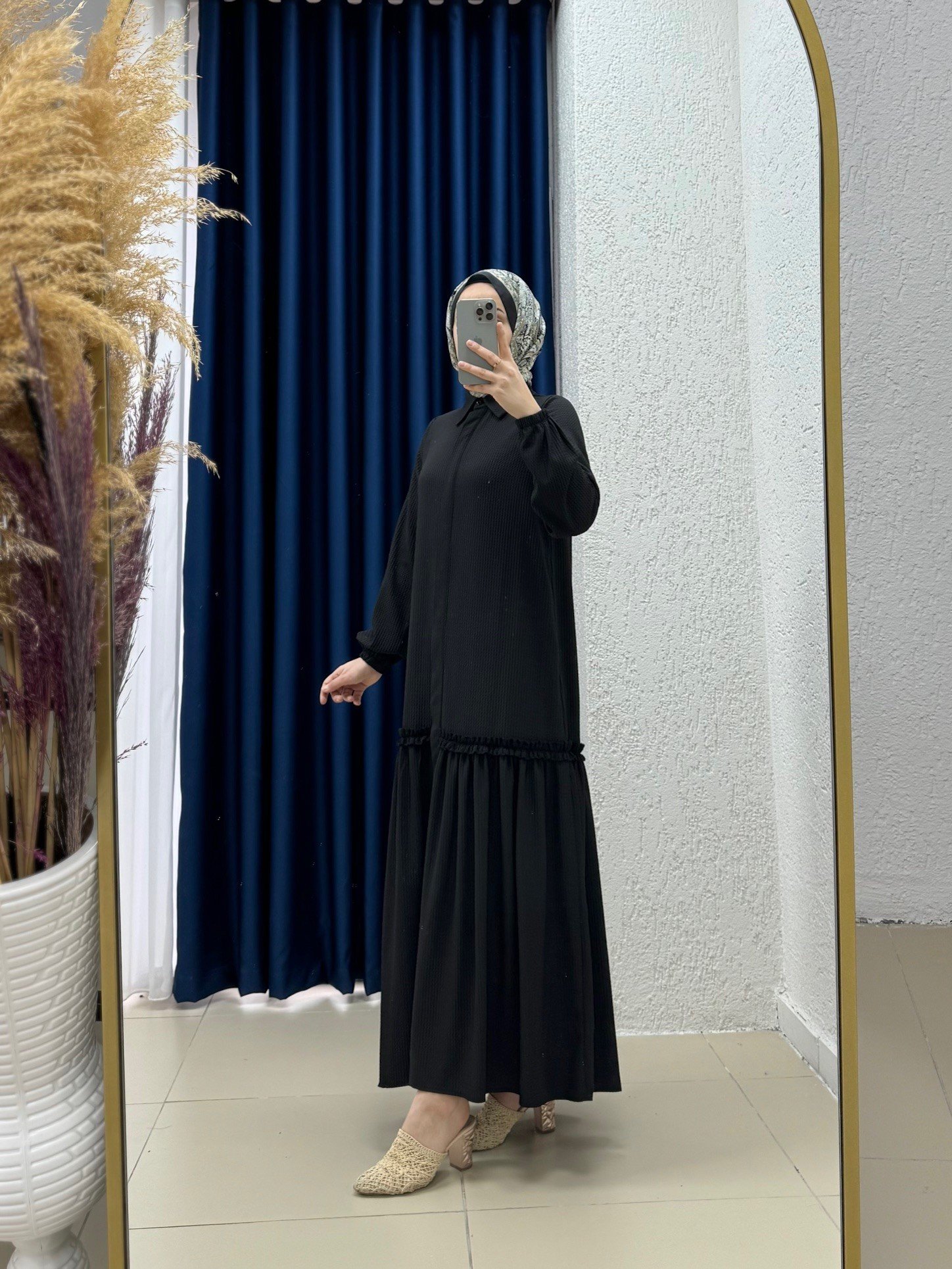 Vinyla Gizli Patlı Gofre Elbise-BY9766 Siyah