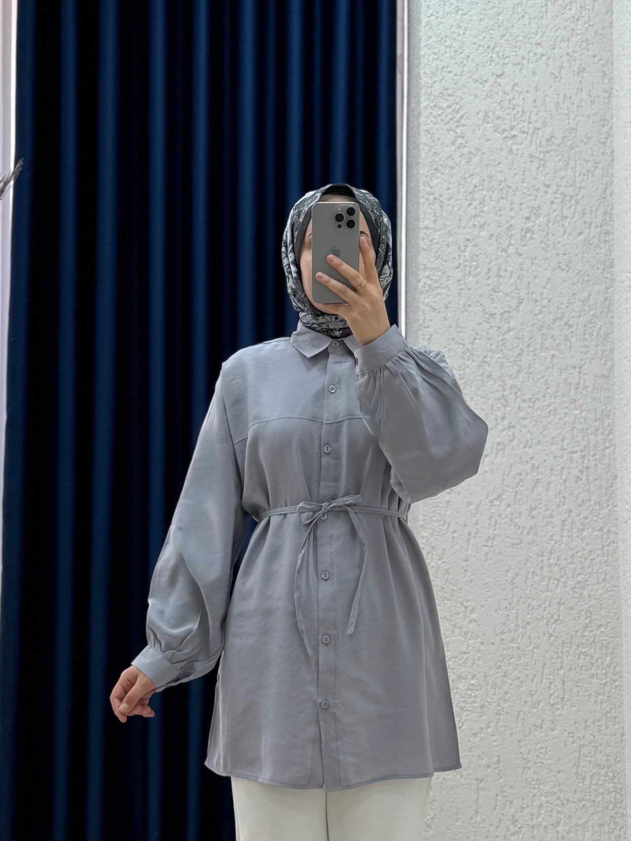 Yelilia Bağcıklı Robalı Modal Gömlek-PE223 Gri